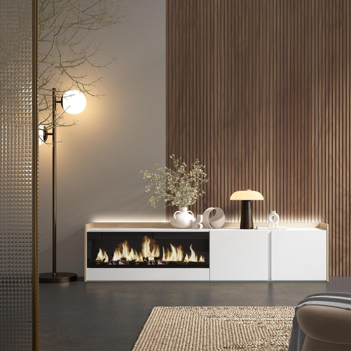 LOWBOARD, Weiß und Eiche, 212/35/50cm, Kamin mit Feuereffekt XXL - Weiß, Holzwerkstoff (212/50/35cm) - Skraut Home