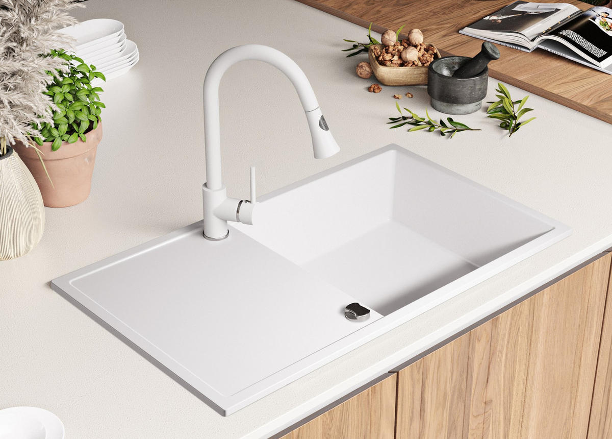 SPÜLBECKEN Ibiza, 2-er set Weiß 90/50 cm 1 Becken + Ablauf-Set ab 60er Unterschrank - Chromfarben/Weiß, Kunststoff (90/19/50cm) - Primagran