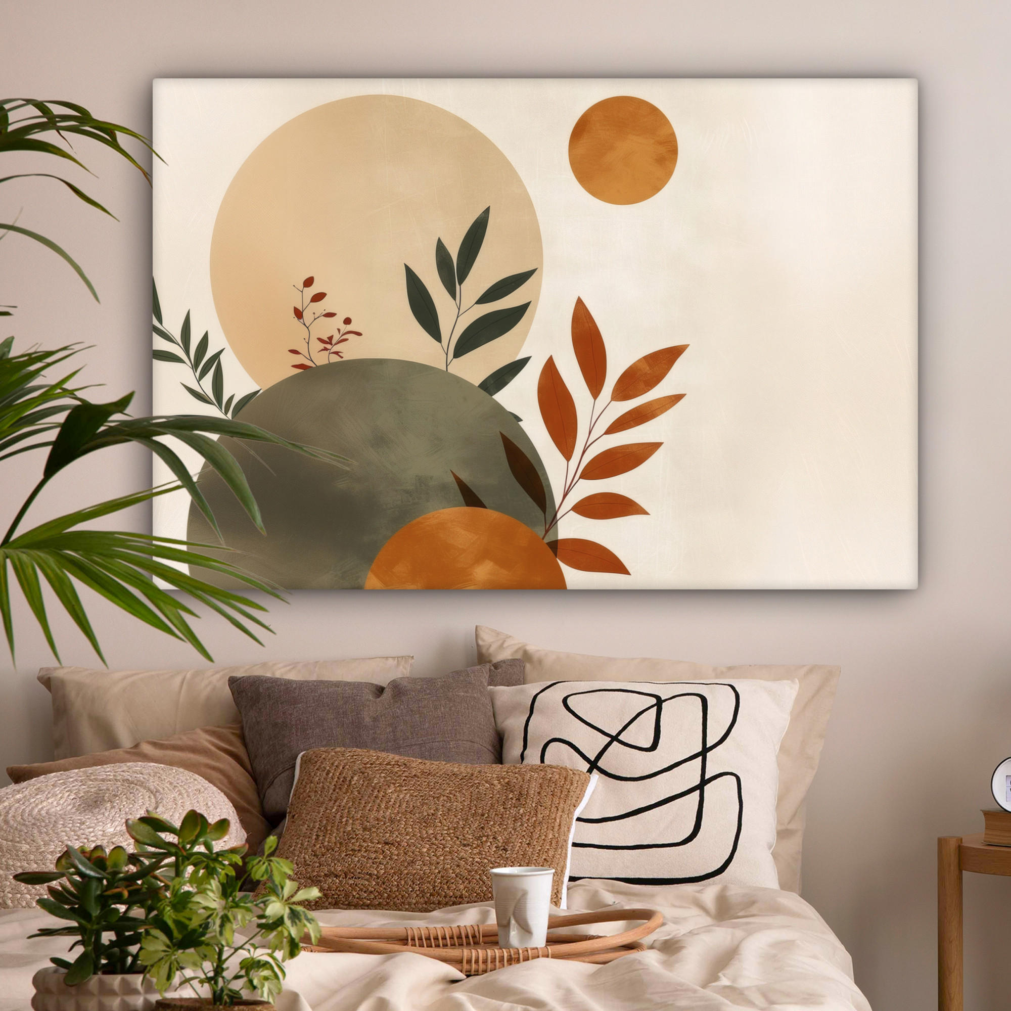 LEINWANDBILD Formen - Rund - Blätter - Beige XXL 150x100 cm - Rostfarben, Textil (150/100cm) - MuchoWow