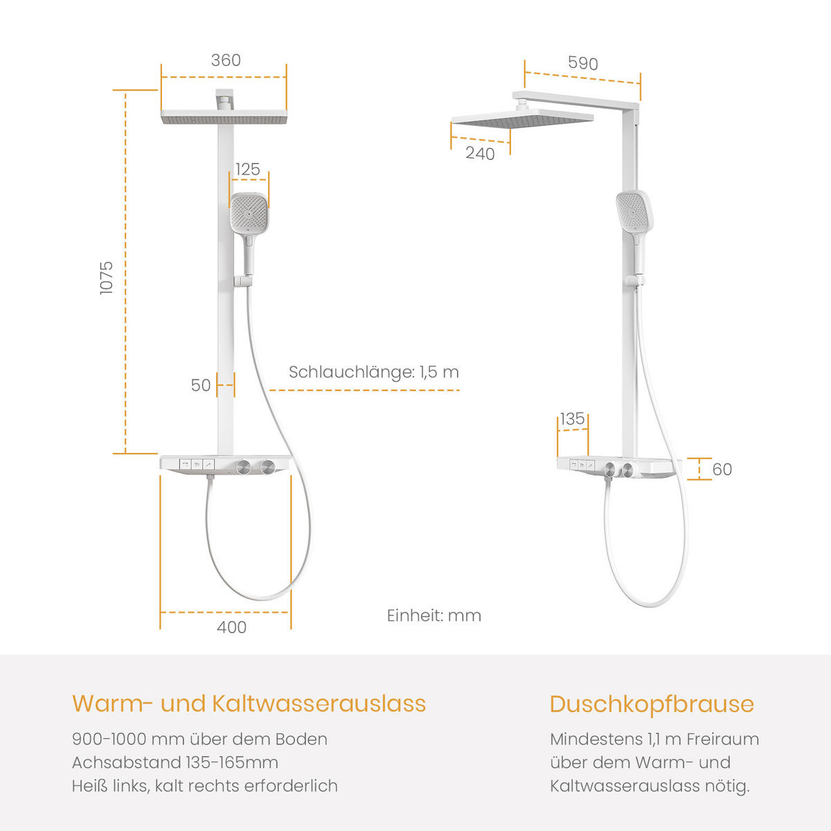 ÜBERKOPFBRAUSESET mit Thermostat Einstellbarer Durchfluss 4-Strahl Mattweiß - Weiß, Metall (40.2/105/57.3cm) - EMKE