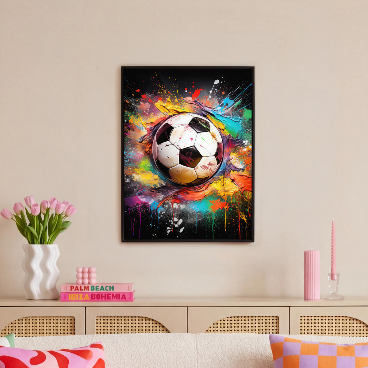 LEINWAND Bilder mit Rahmen - Fußball - Farbe - Farben - Schwarz - Weiß - 60x80 - Weiß, Textil (60/80cm) - MuchoWow