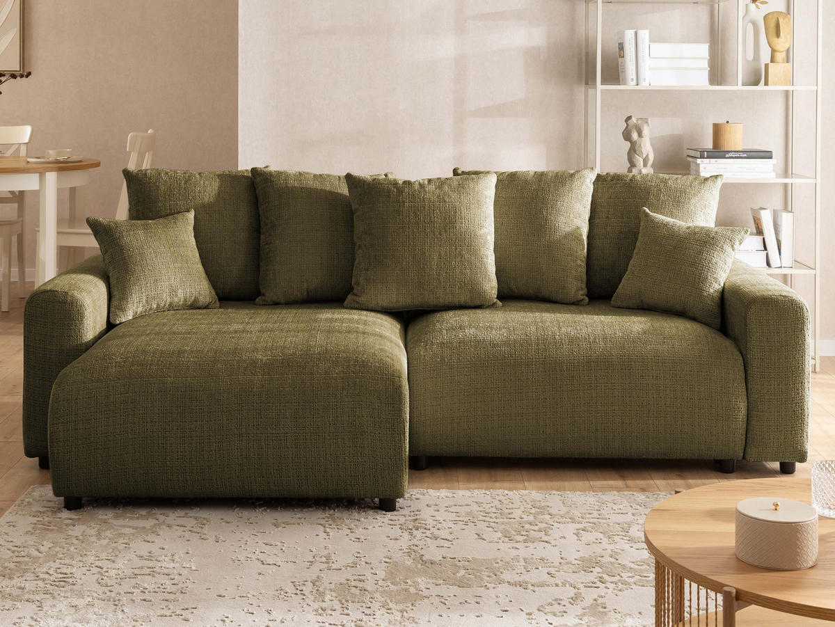 ECKSOFA Calma mit Schlaffunktion und Bettkasten im Bumpy-Design aus weichem Grün Chenille-Stoff - Ottomane links - Beige/Schwarz, Holz/Kunststoff (140/239cm) - S-Style Möbel
