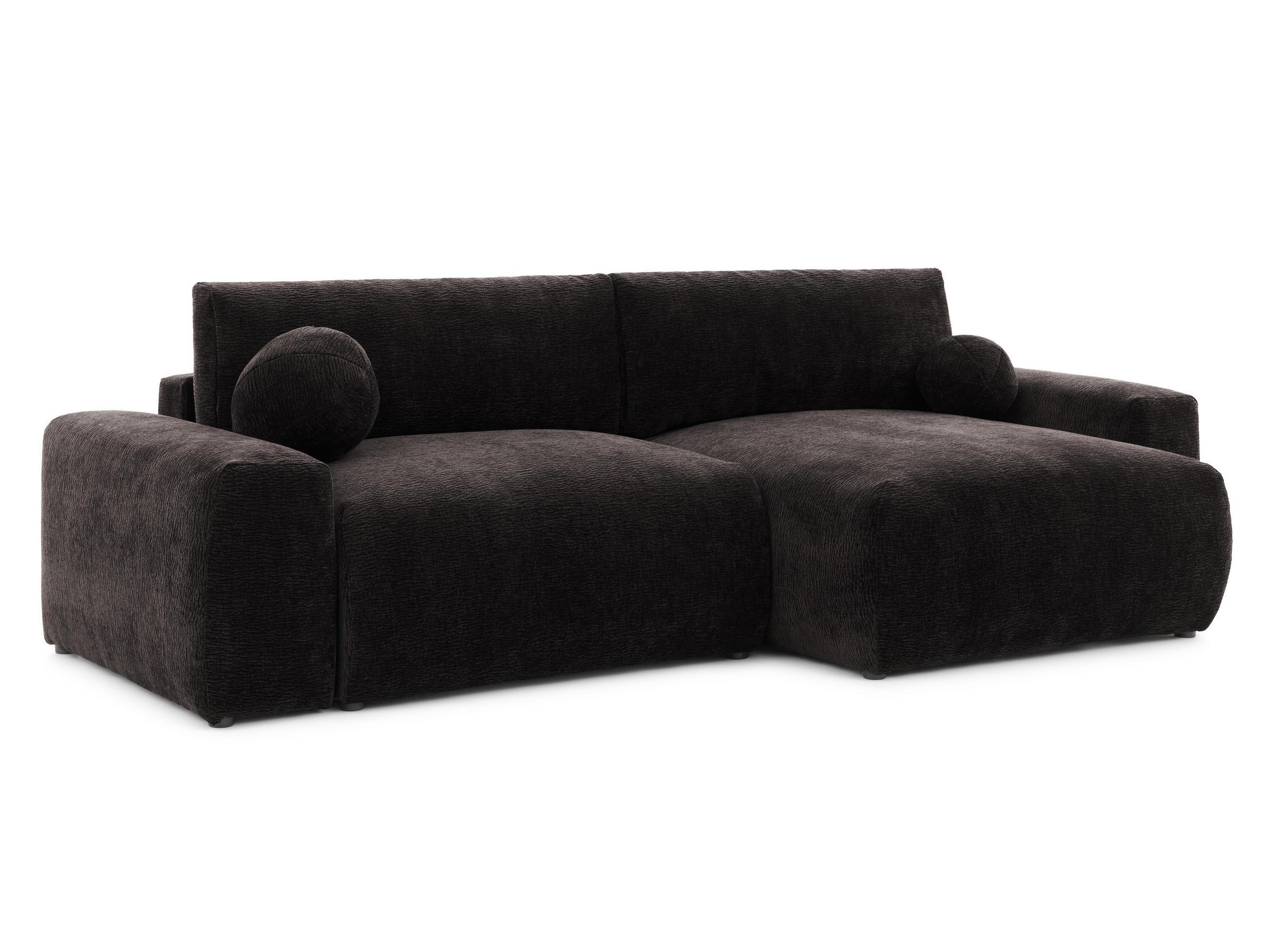 ECKSOFA Puffy mit Schlaffunktion und Bettkasten - besonders weich und puffig aus Braun Stoff mit Chenillestruktur - Ottomane rechts - Schwarz/Braun, Holz/Kunststoff (266/138cm) - S-Style Möbel