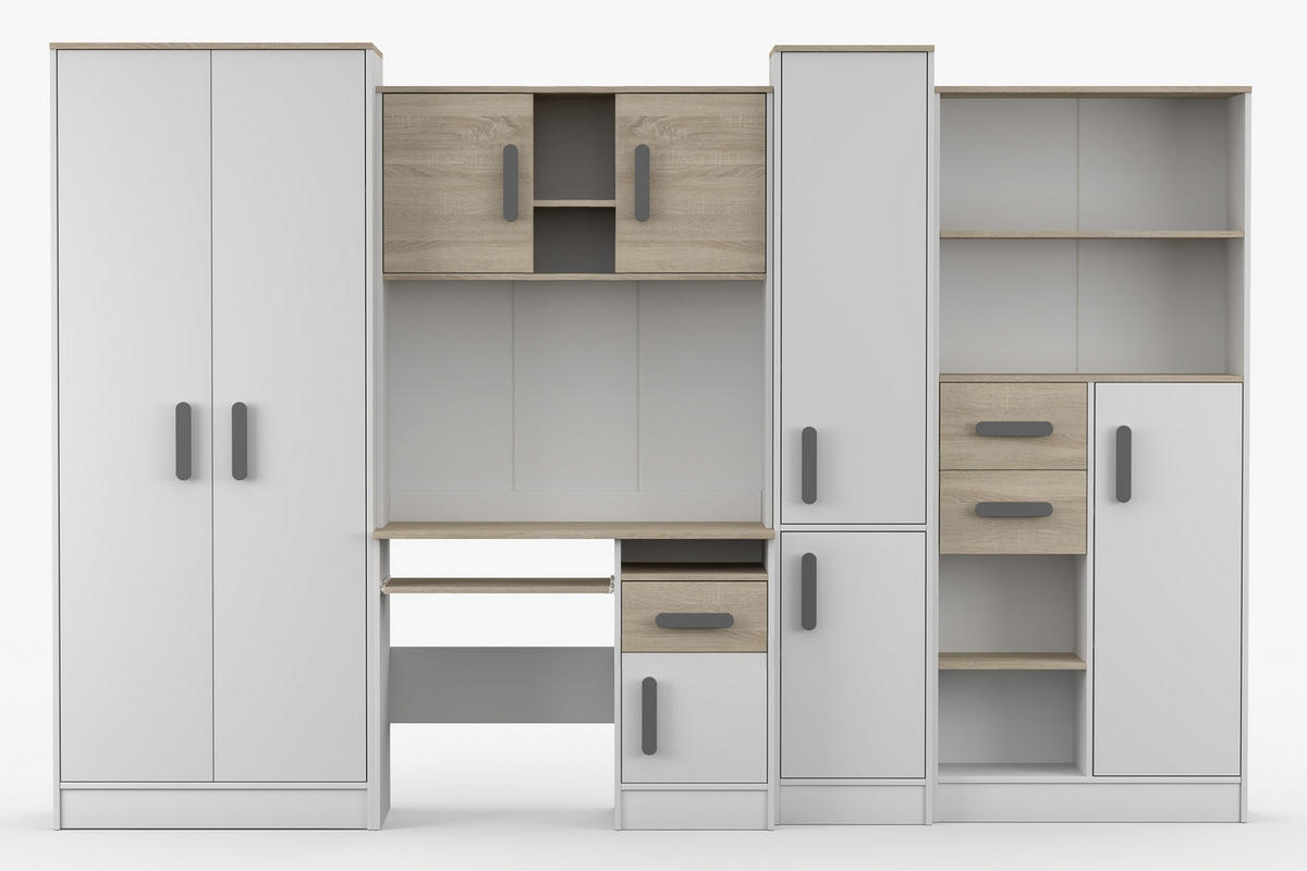 KINDERZIMMER MIKI Korpus Weiß | Griffe Grau - Dunkelgrau/Weiß, Holz/Holzwerkstoff (300/197/52cm) - Deine Möbel 24