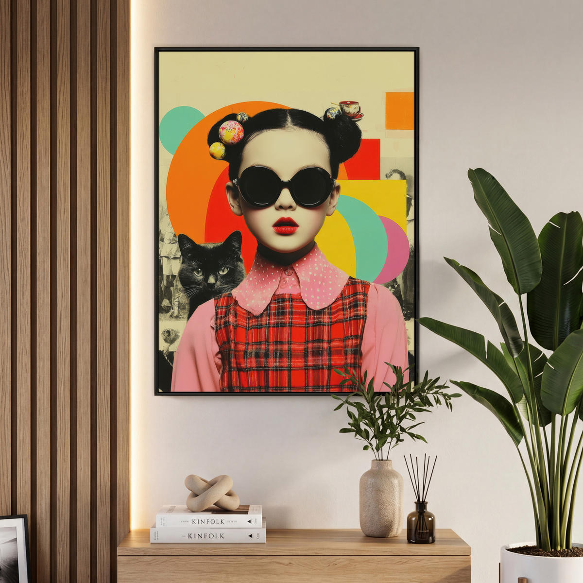 LEINWAND Bilder mit Rahmen - Mädchen - Sonnenbrille - Katze - Retro - 70x100 - Beige, Textil (70/100cm) - MuchoWow