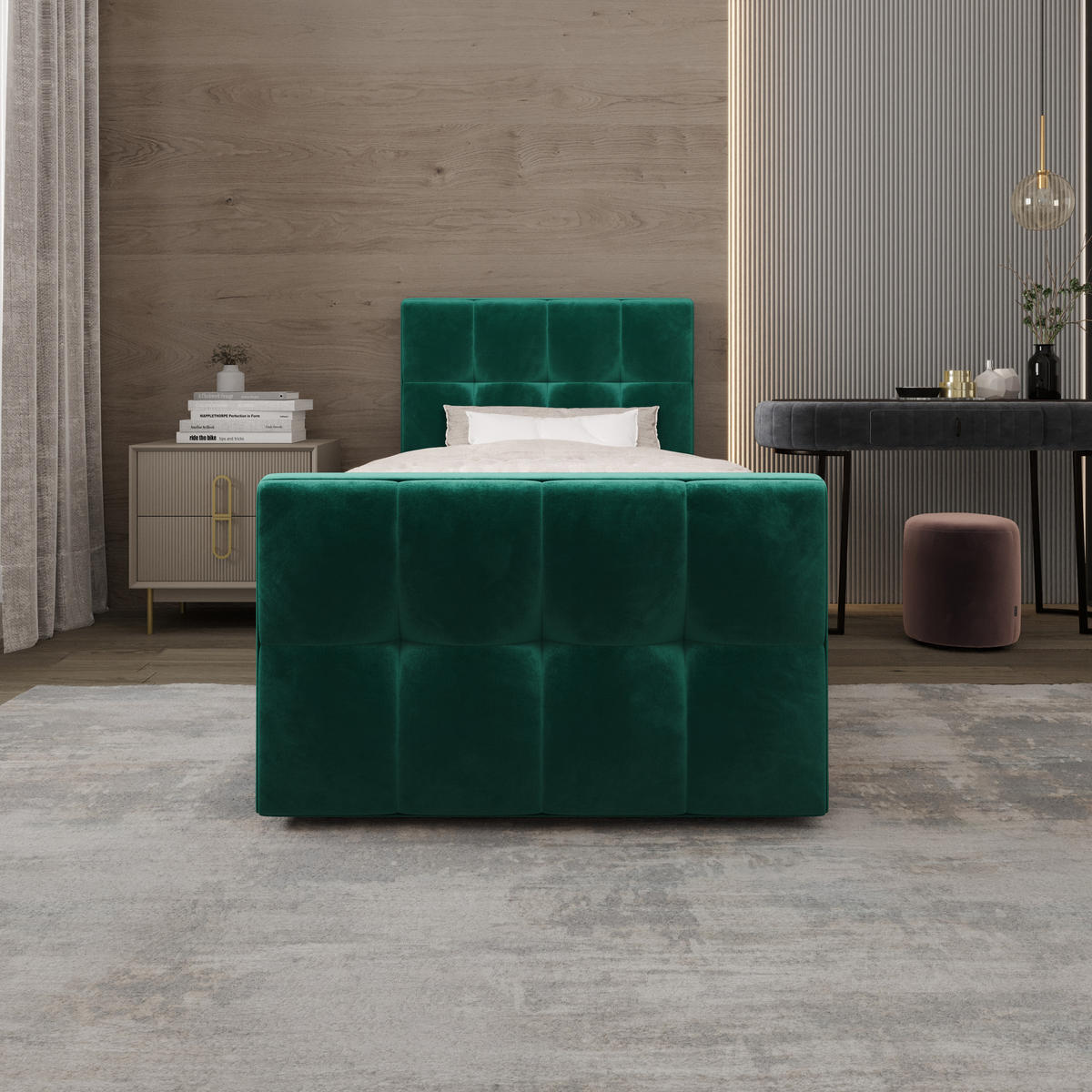 BOXBETT MANHATTAN mit Matratze H3, Bonell und Topper 100x200 Monolith 37 - Grün, Textil (100/200cm) - Bedante