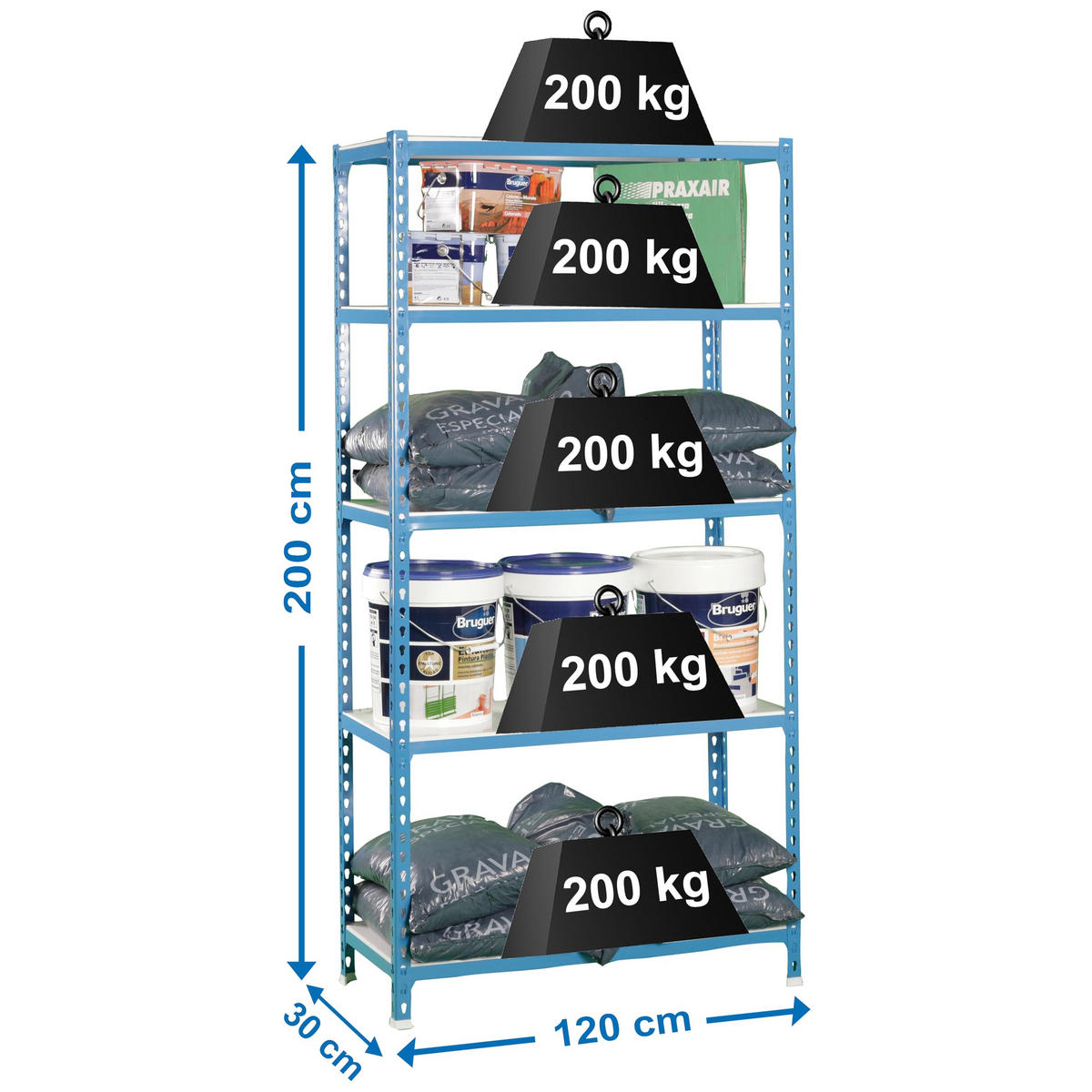 SCHWERLASTREGAL Big Metal Shark HxBxT 200 x 120 x 30 cm Fachlast 200 kg Blau-Weiß - Blau, Metall (120/200/30cm) - PROREGAL