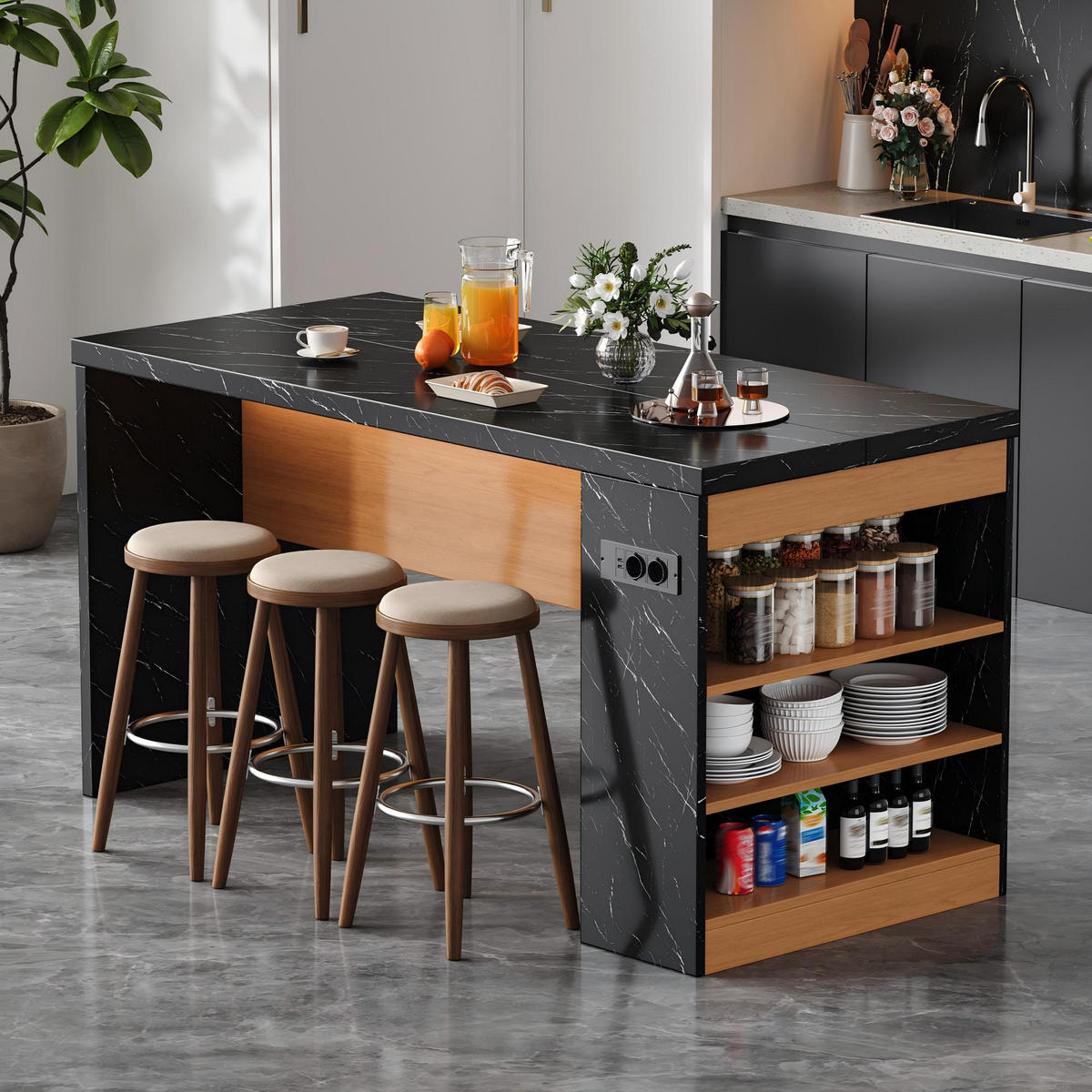 KÜCHENINSEL 90 cm MDF Schwarz Natur mit LED-Beleuchtung und USB-Steckdose - Schwarz, Holzwerkstoff (80/90/155cm) - Korfee