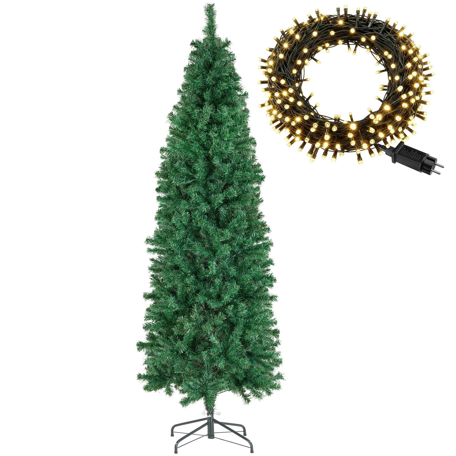 SET WEIHNACHTSBAUM MIT LICHTERKETTE ,pulverbeschichteter Metallständer mit Kunststoffkappen,grün - Grün, Kunststoff (180cm) - tectake