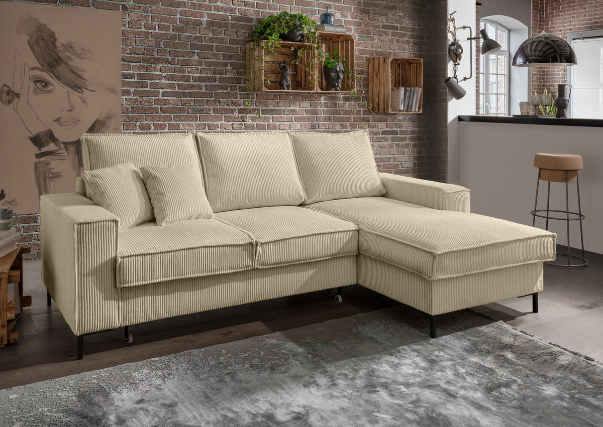 ECKSOFA mit Schlaffunktion, Bettkasten, Wellenunterfederung, Récamiere rechts B240/T150/H92 cm, Liegefl. 125x198 cm, Cord Beige Grau / 17220 - Greige/Beige, Textil/Metall (240/150cm) - luma-home