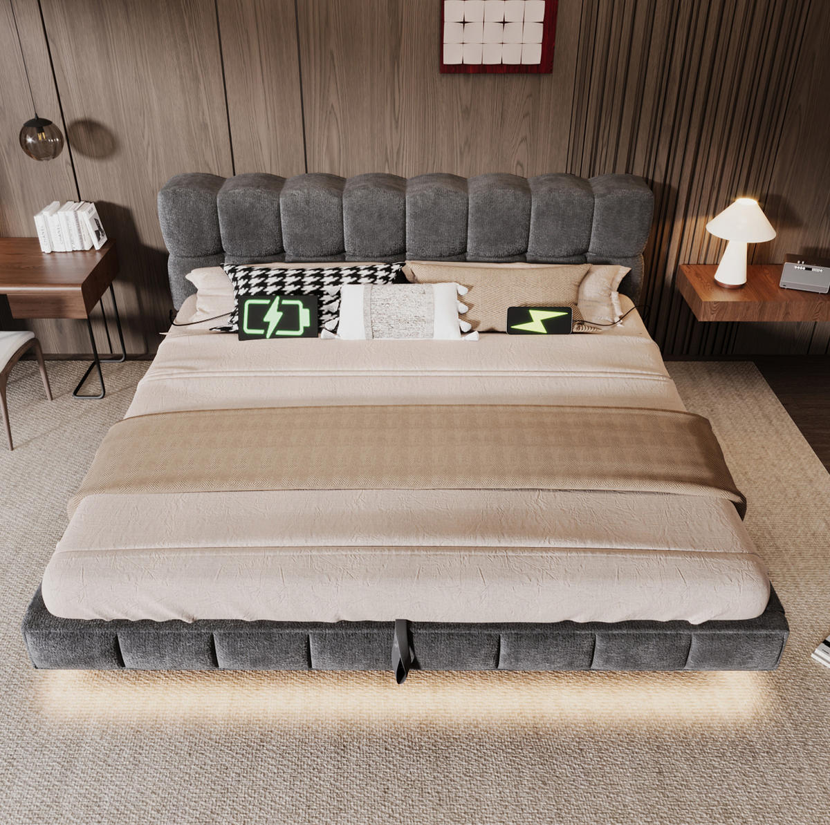 POLSTERBETT aus Chenille 180x200 cm Grau mit Bettkasten, LED-Beleuchtung und USB-/Typ-C-Anschlüssen - Grau, Textil (180/200cm) - Modfu