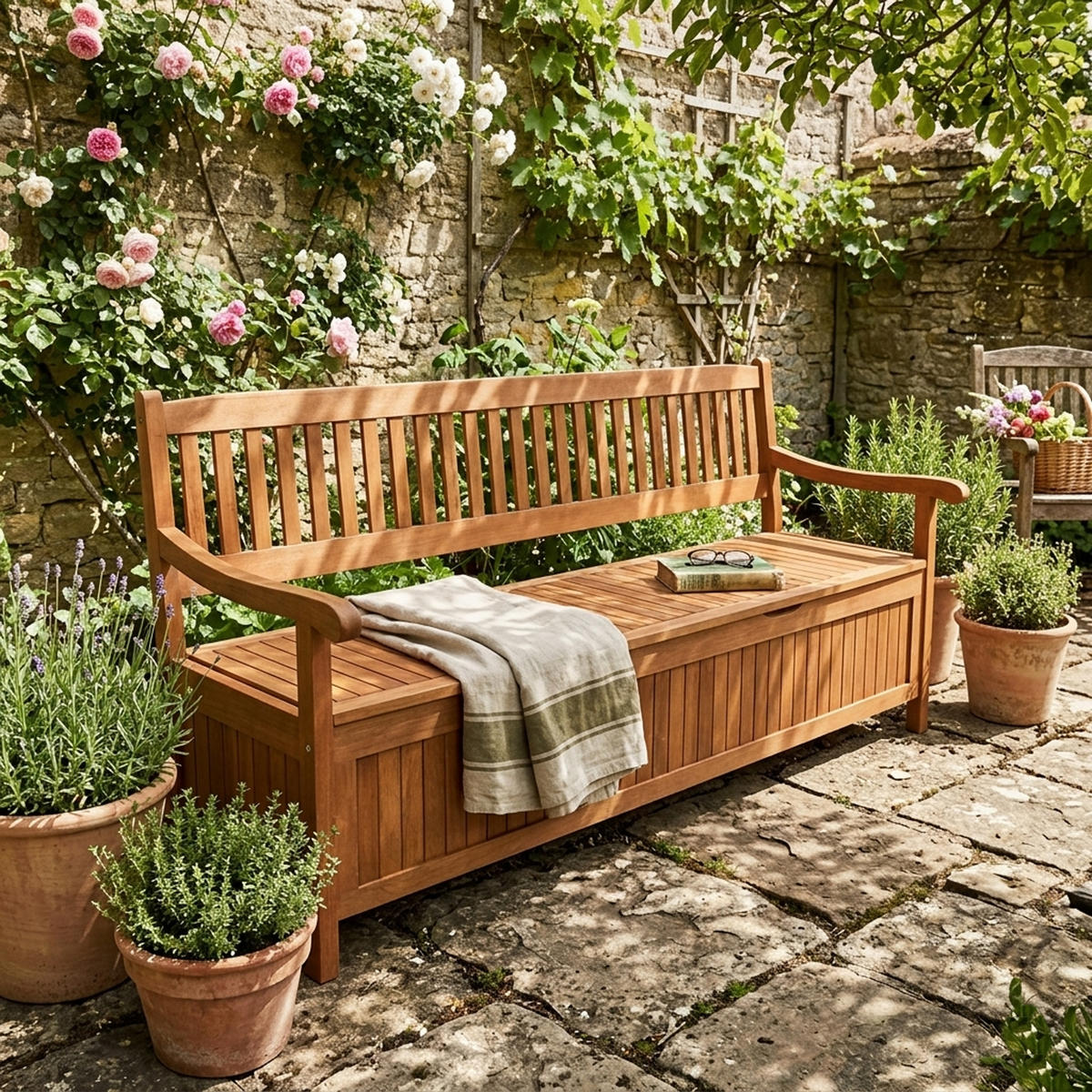 GARTENBANK Porthsmouth - mit großem Staufach unter der Sitzfläche, Eukayltpus geölt - Braun, Holz (180/90/64cm) - TPFGarden