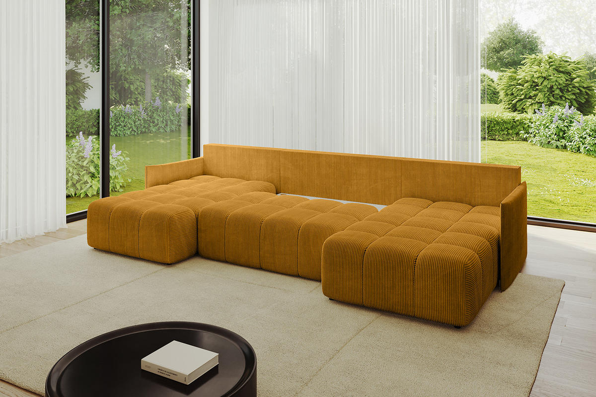 WOHNLANDSCHAFT LONLI-U 355x189x68 Senfgelb Cord - Currygelb, Holzwerkstoff/Kunststoff (355/68/189cm) - ALTDECOR