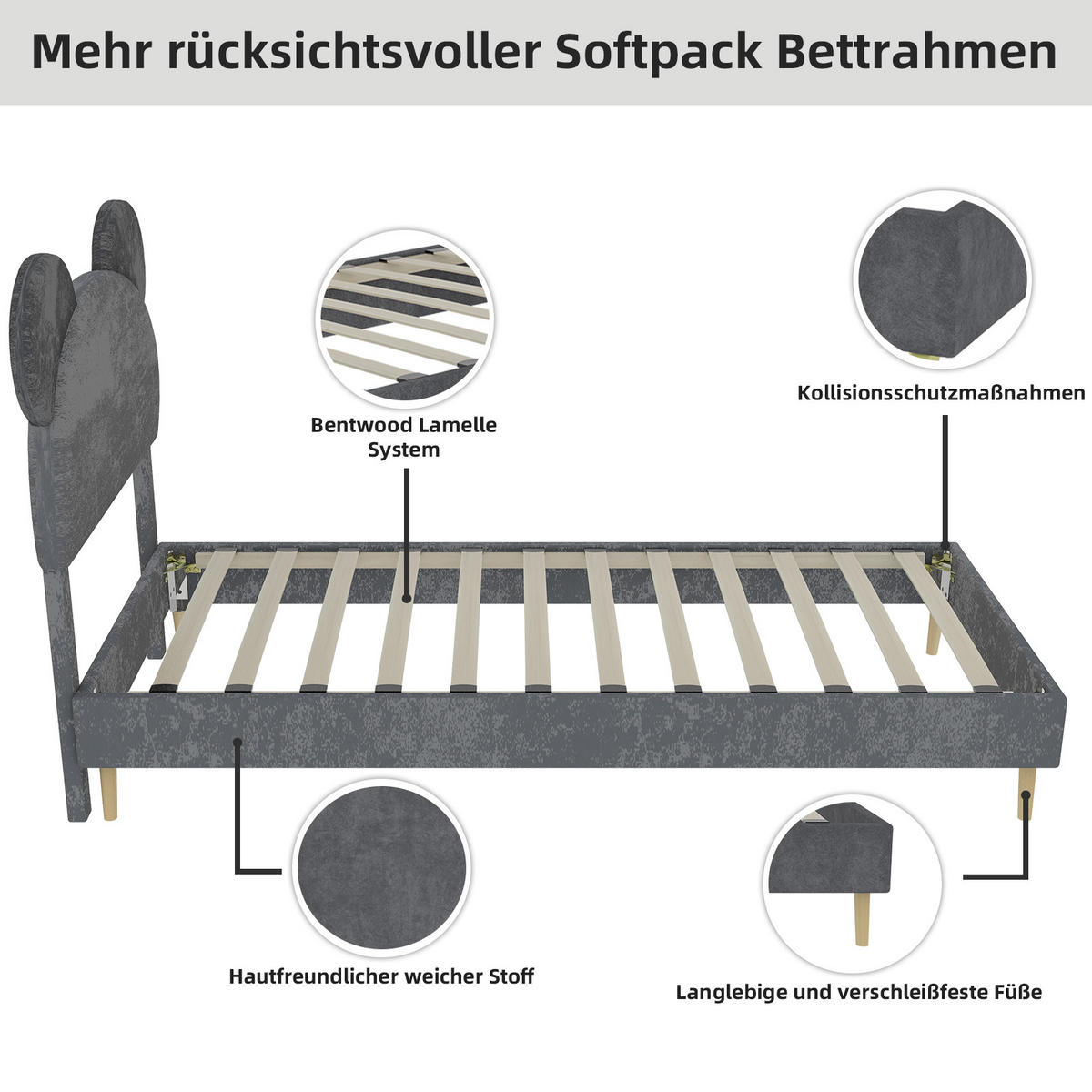 POLSTERBETT 90x200 cm Cartoon ohne Stauraum grau - Grau, Textil (90/200cm) - Fortuna Lai