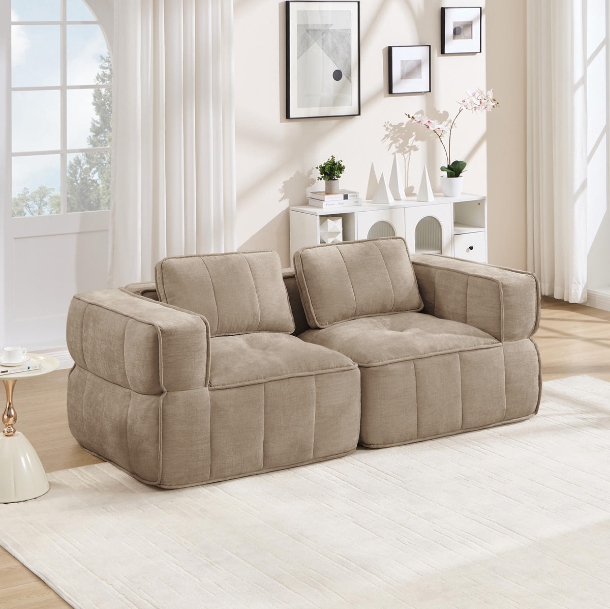 SOFA 198/93/67 cm in Sand mit modularer Form und tiefer Sitzfläche - Sandfarben, Kunststoff (93/67/198cm) - Flora Grace