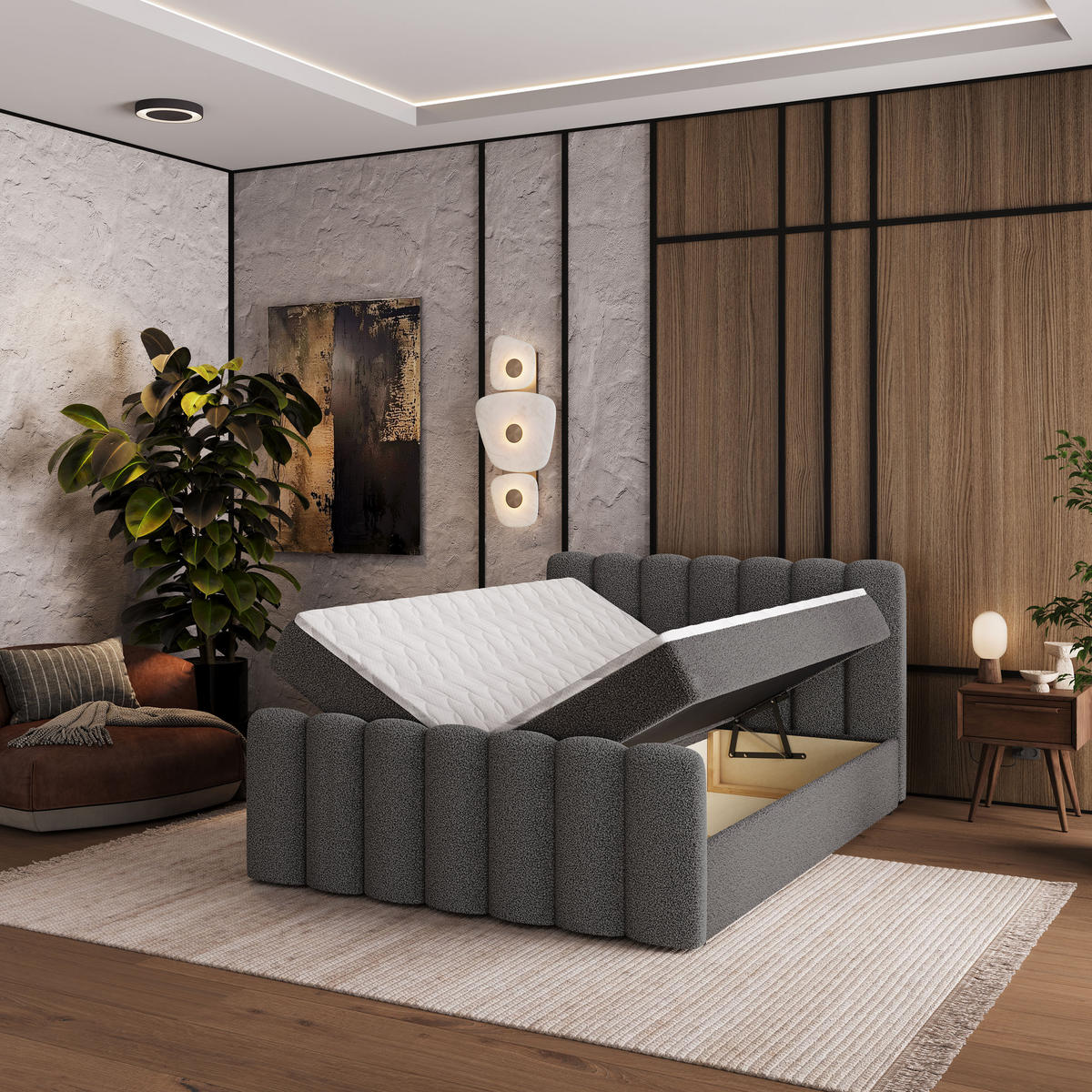 BOXBETT CELLA 180x200 cm mit Matratze und Topper - Grau - Grau, Holz (180/200cm) - MASSENO