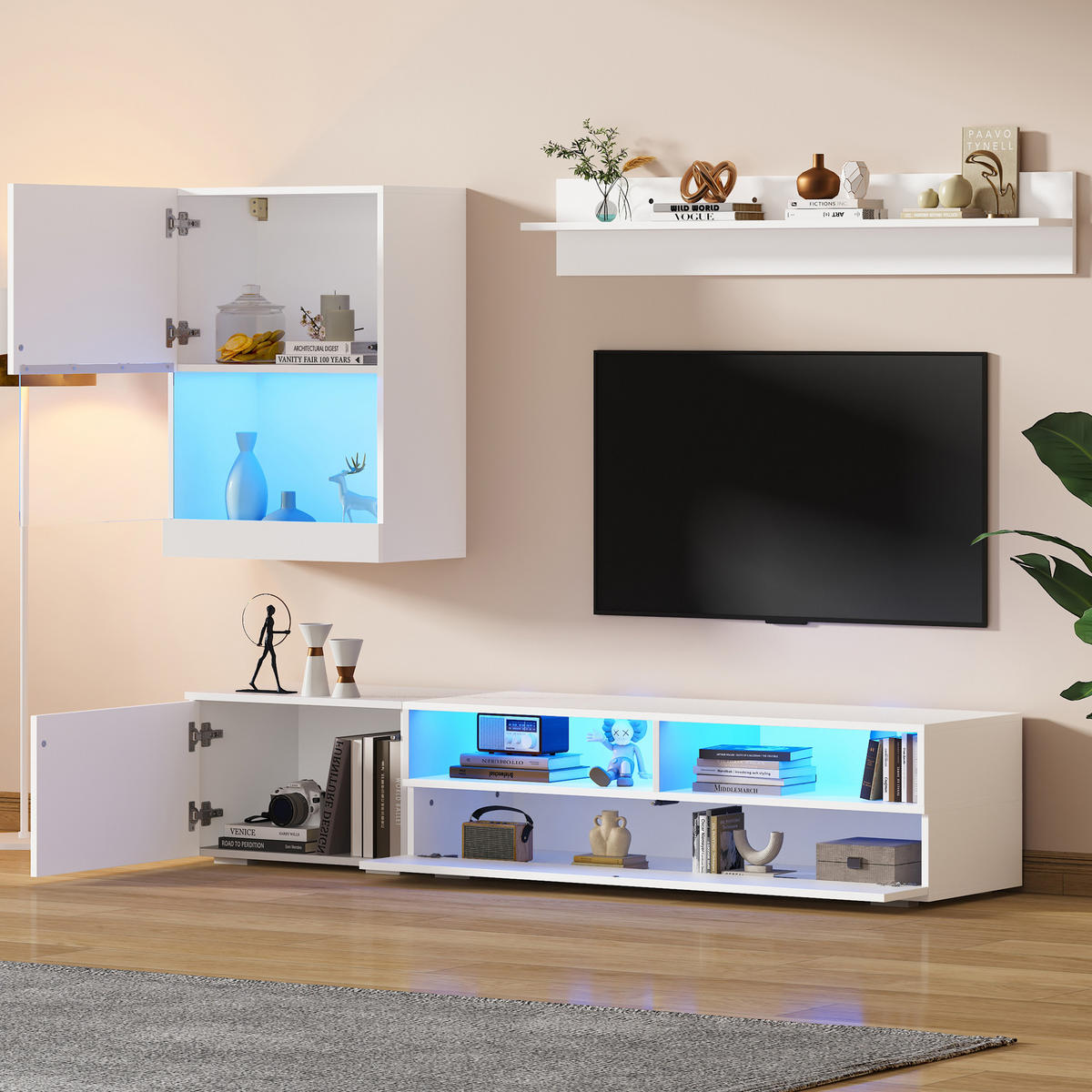 TV-ELEMENT3-TLG 175cm TV-Wohnwand-Set Weiß Hochglanz mit LED für TVs bis 80 Zoll - Weiß, Holz (64.64/13.46/84.71cm) - Raelunyi