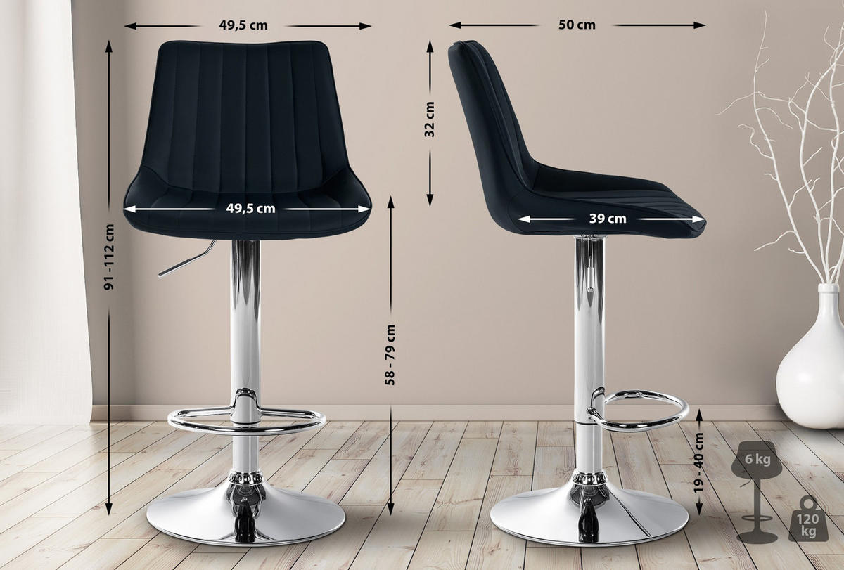 BARHOCKER 2er Set Tolor Kunstleder chrom schwarz - Chromfarben/Schwarz, Kunststoff/Metall (49.5/112/50cm) - TPFLiving