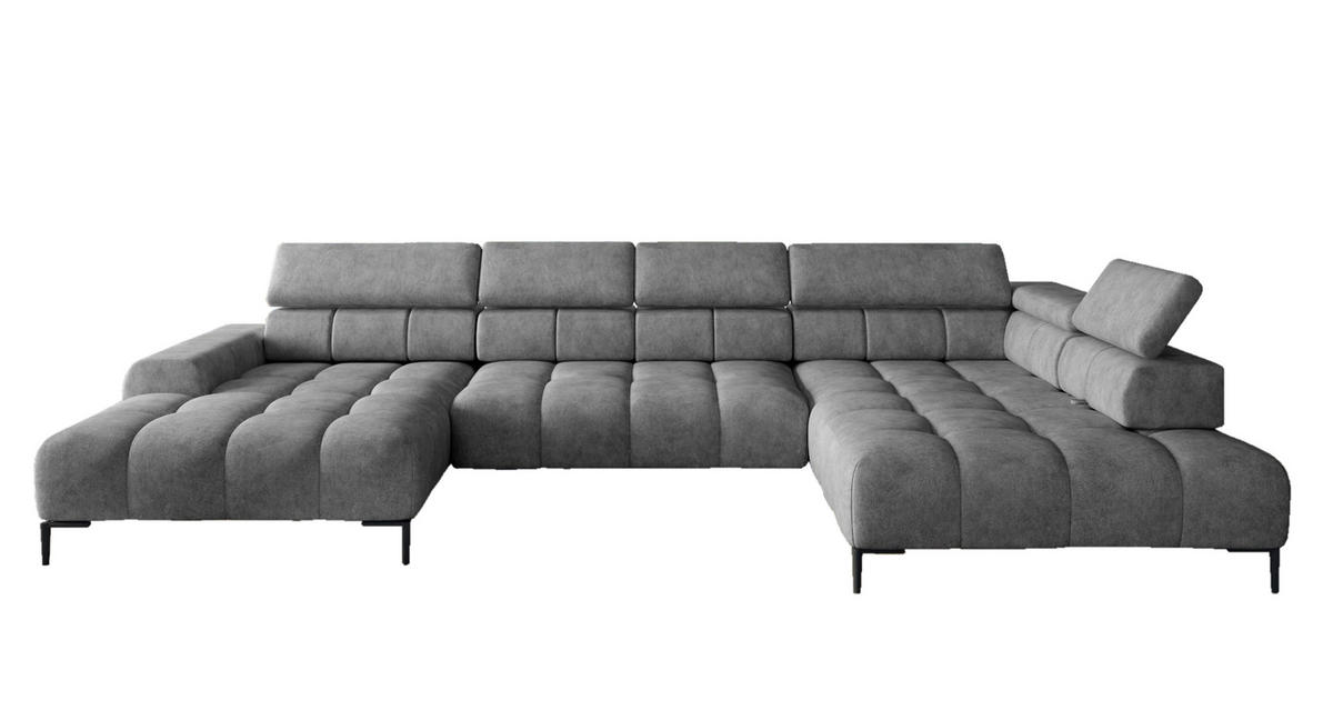 ECKSOFA PLAZA XL U-förmig, modern, mit verstellbarer Kopfstütze, Schlafmöglichkeiten, freistehend, RECHTS 385x177x99 cm Grey - Grau, Holz/Textil (385/177cm) - DomoHome