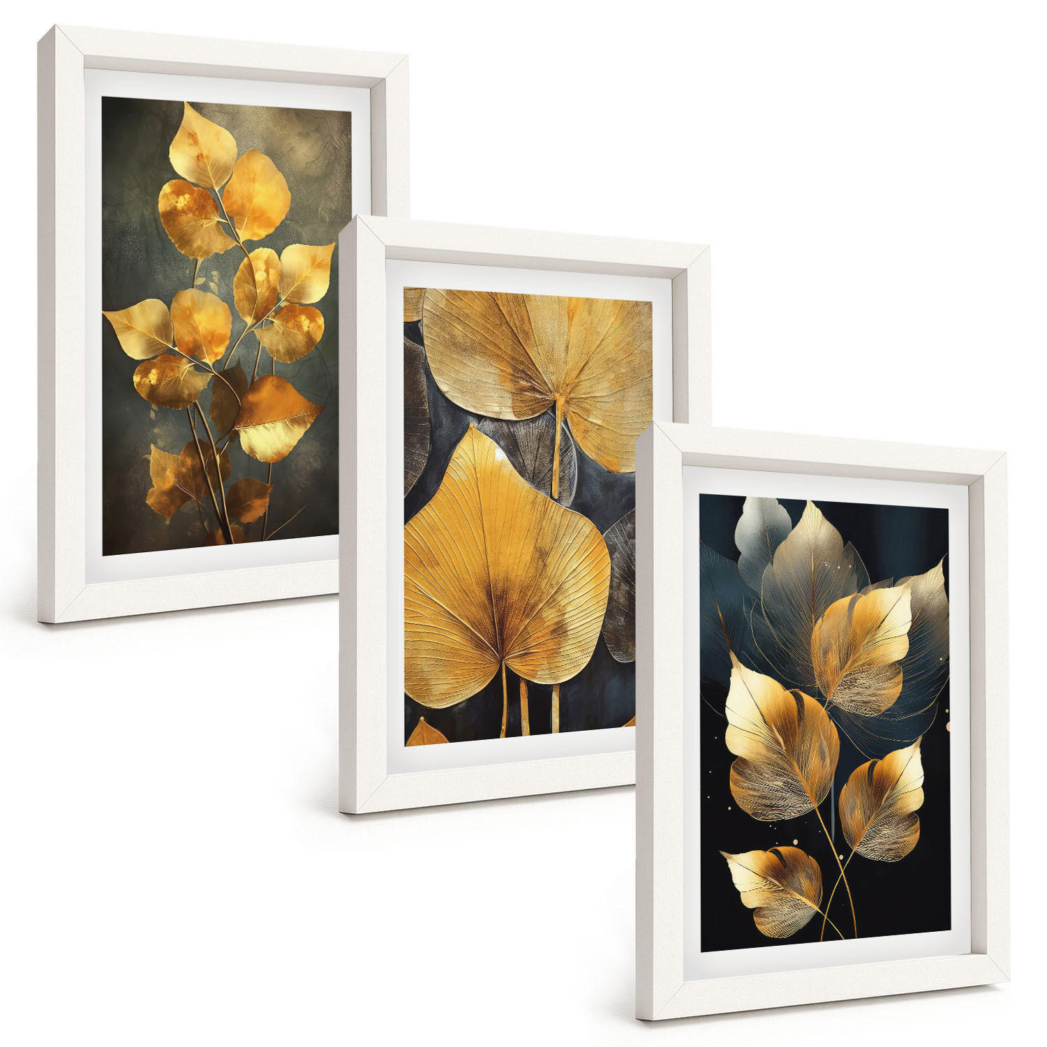 BILDER SET 3er Set - 20x30 cm Weißer Rahmen - Gelbe Blätter auf dunklem Hintergrund - Weiß, Kunststoff (20/30cm) - TULUP