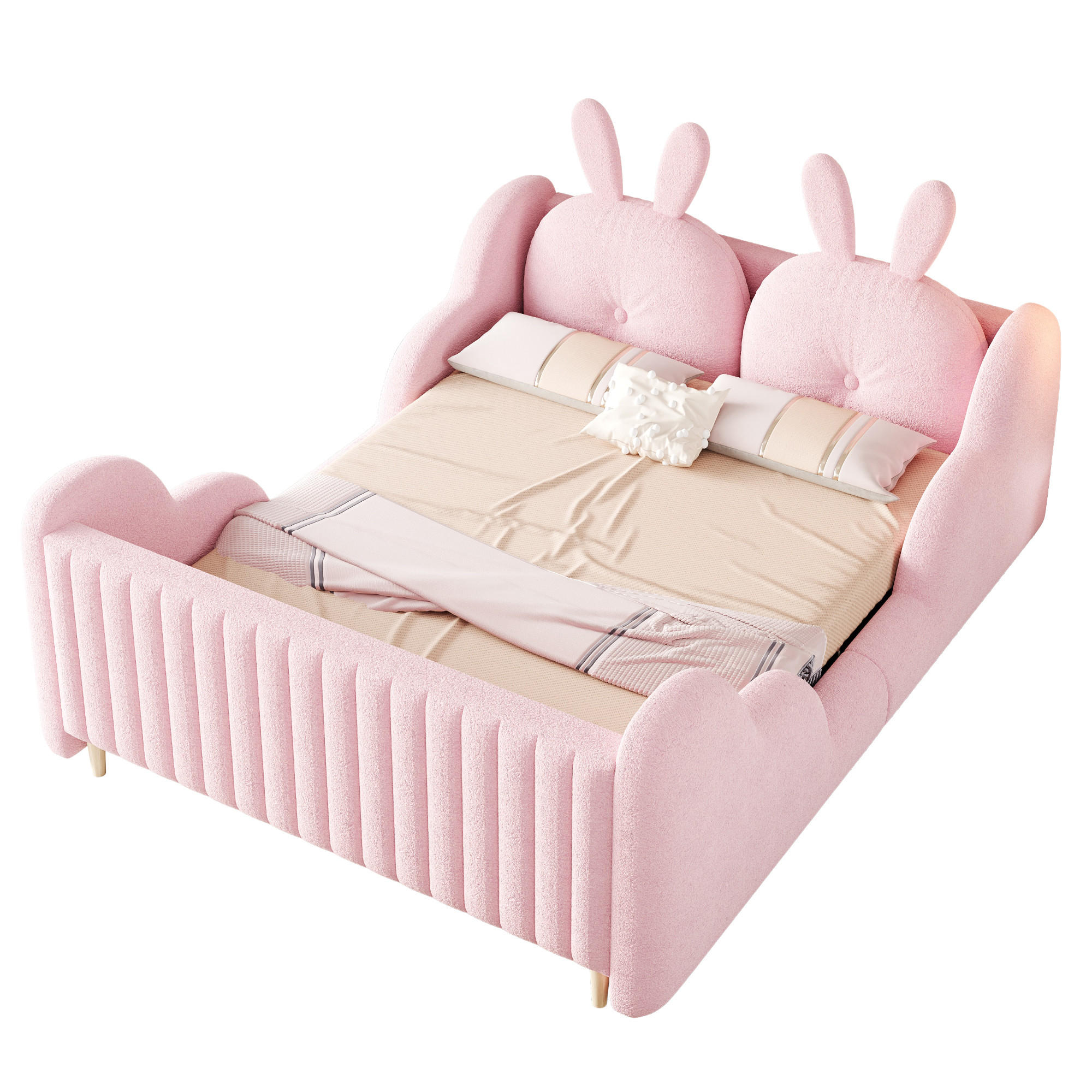 POLSTERBETT 140/200 cm in Rosa Teddyplüsch mit Hasenkissen - Rosa, Holzwerkstoff/Textil (140/200cm) - WISHDOR