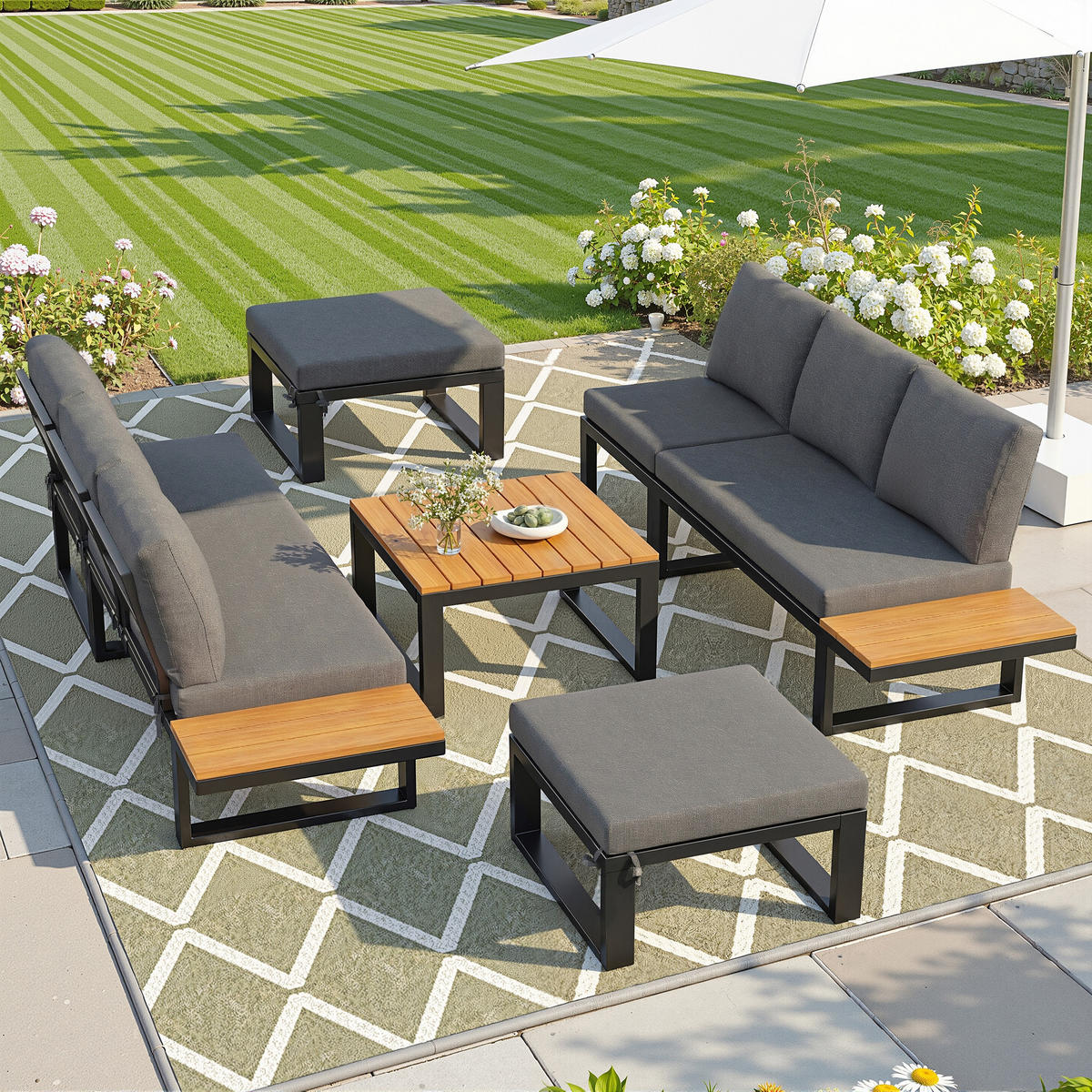 GARTENLOUNGE-SET für 6 Personen 6-teiliges Garten-Essgruppe für Balkon & Terrasse - Schwarz/Naturfarben, Textil/Metall - STILVORA