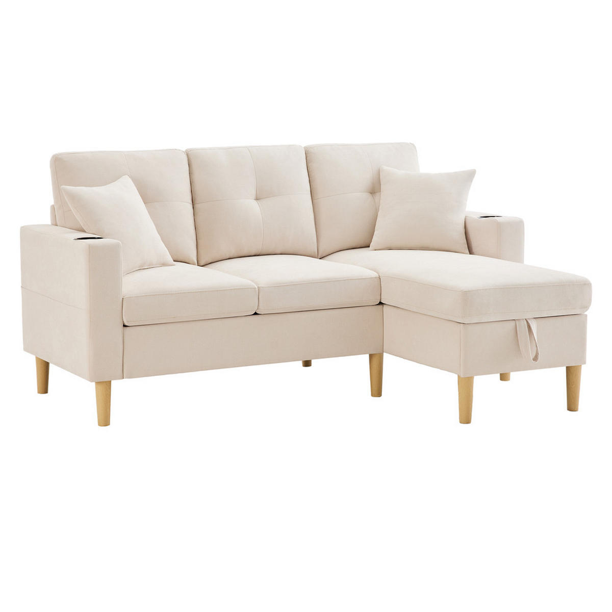 L-SOFA Modell S200 Grau 3-Sitzer mit Stauraum & Chaiselongue - Beige, Holz (129/175cm) - FLIEKS
