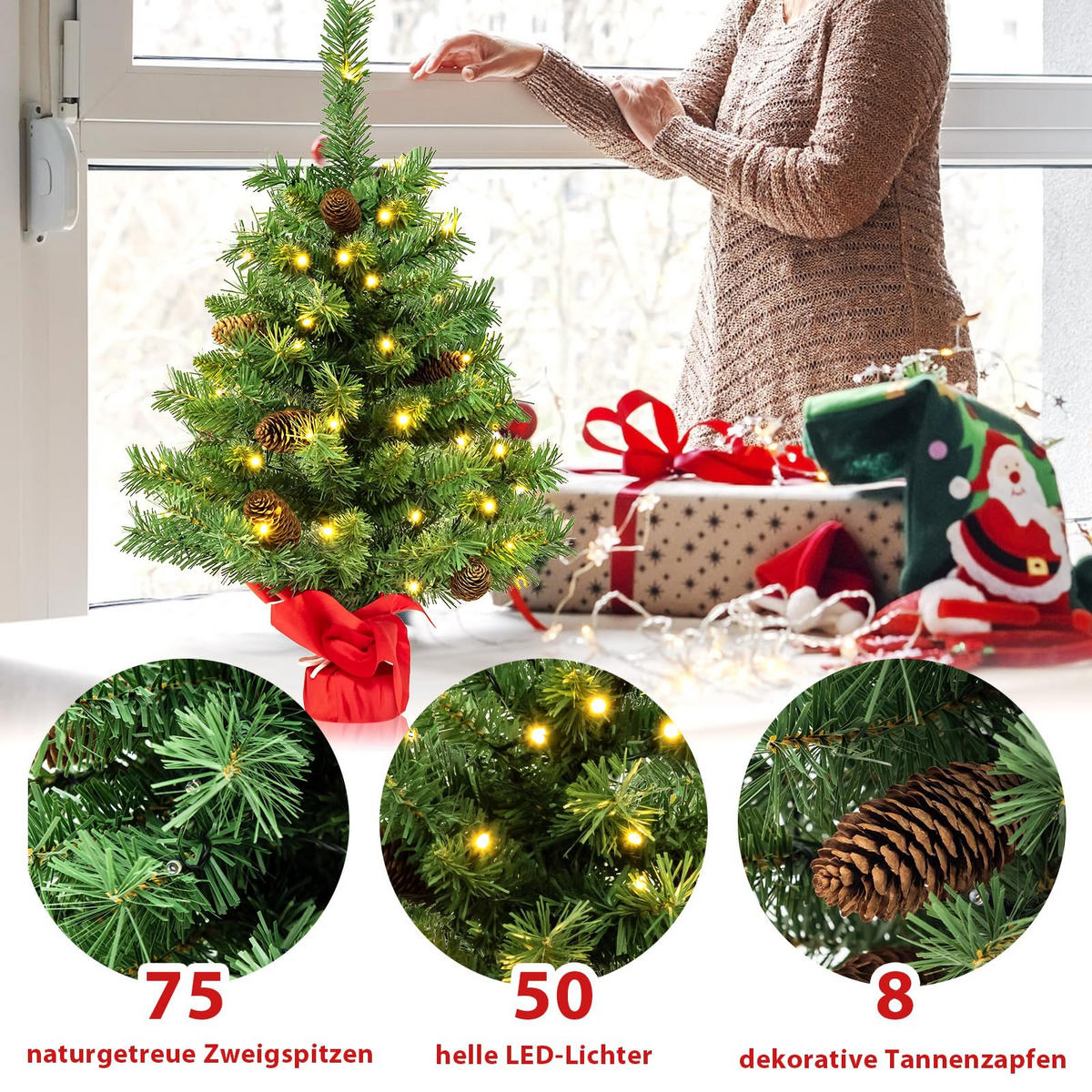 WEIHNACHTSBAUM kleine Tannenform mit 8 Lichtmodi 64 cm grün - Grün, Kunststoff (64cm) - COSTWAY