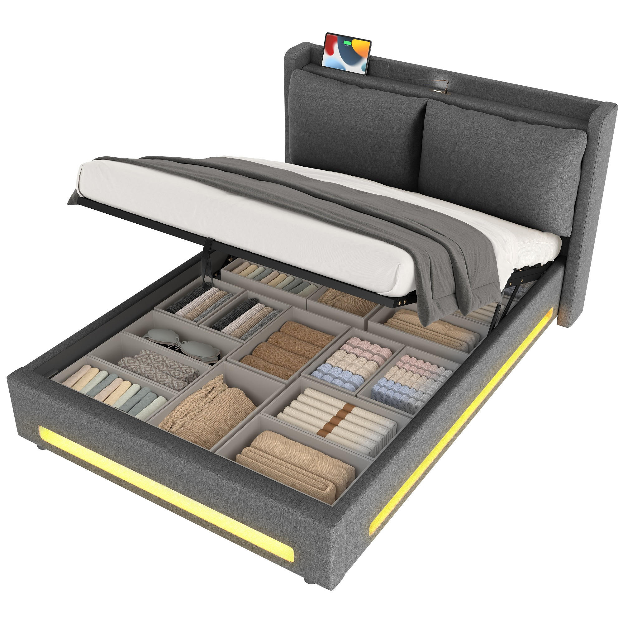 POLSTERBETT 140/200 cm in Dunkelgrau Leinen mit Bettkasten, LED und USB-Type-C - Dunkelgrau, Holzwerkstoff/Textil (140/200cm) - WISHDOR