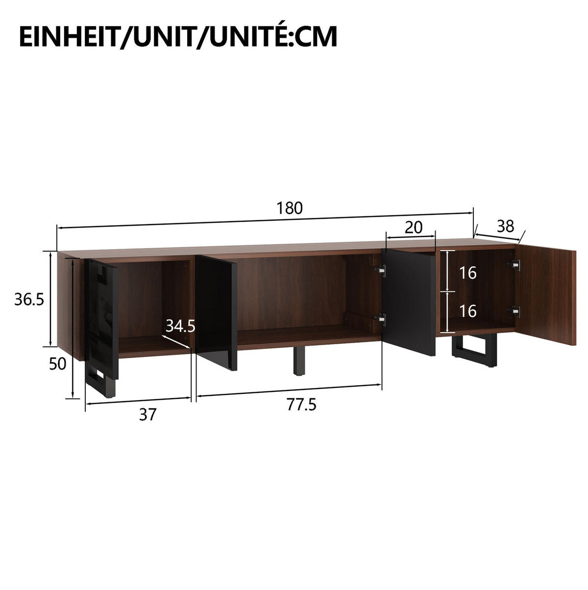 TV skrinka 180/38/50 cm, čierna a prírodná, MDF, moderná minimalistická - svetlohnedá, kompozitné drevo (180/50/38cm) - BEAOK