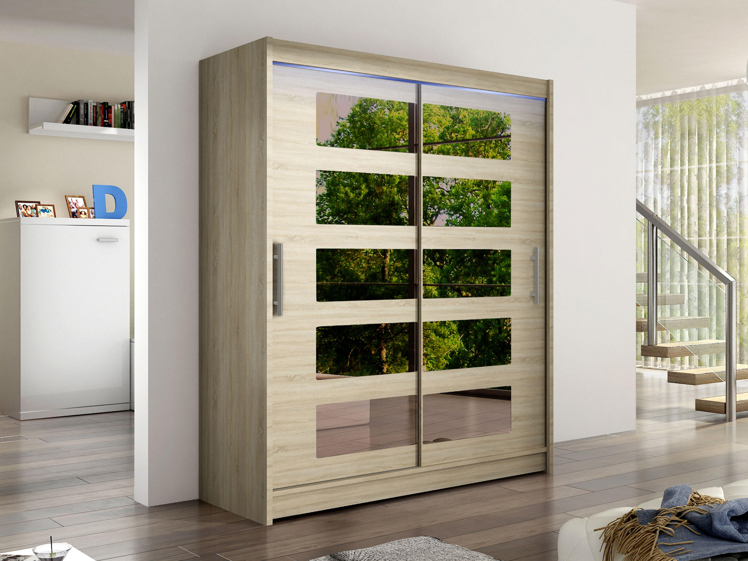 SCHWEBETÜRENSCHRANK Westa V, mit RGB LED Beleuchtung - Silberfarben/Sonoma Eiche, Holzwerkstoff/Metall (150/200/58cm) - MIRJAN24