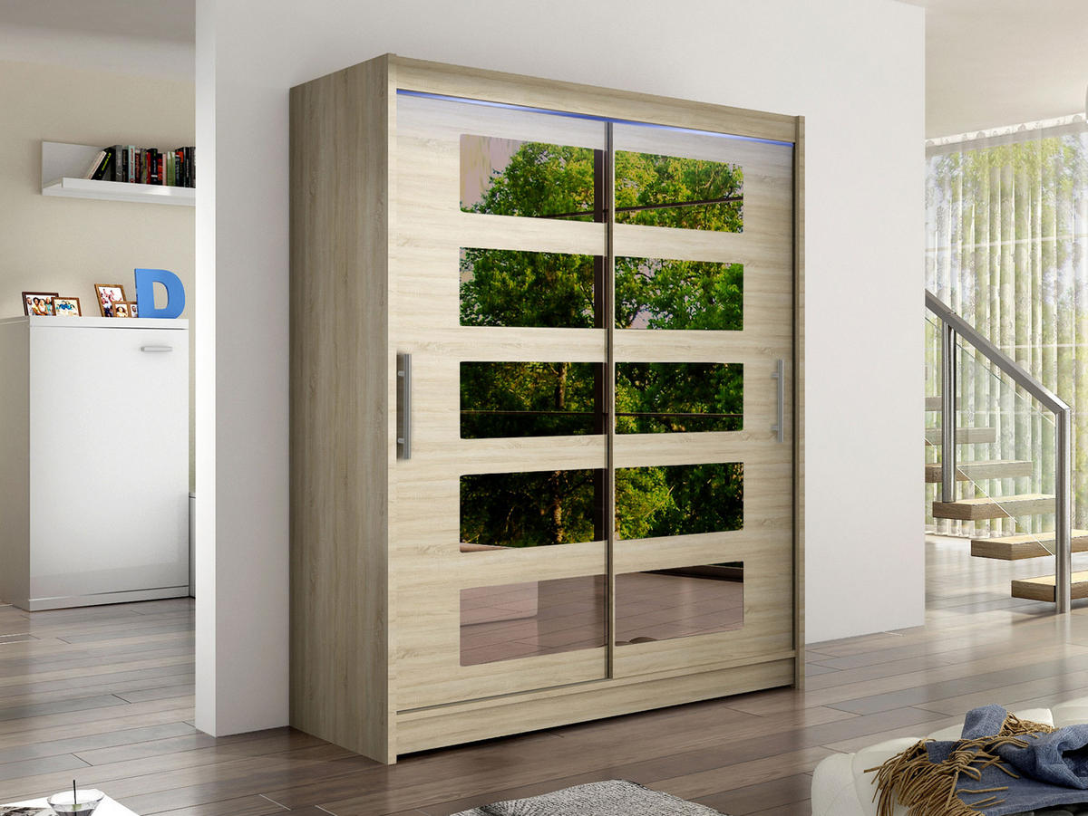 SCHWEBETÜRENSCHRANK Westa V, mit RGB LED Beleuchtung - Silberfarben/Sonoma Eiche, Holzwerkstoff/Metall (150/200/58cm) - MIRJAN24