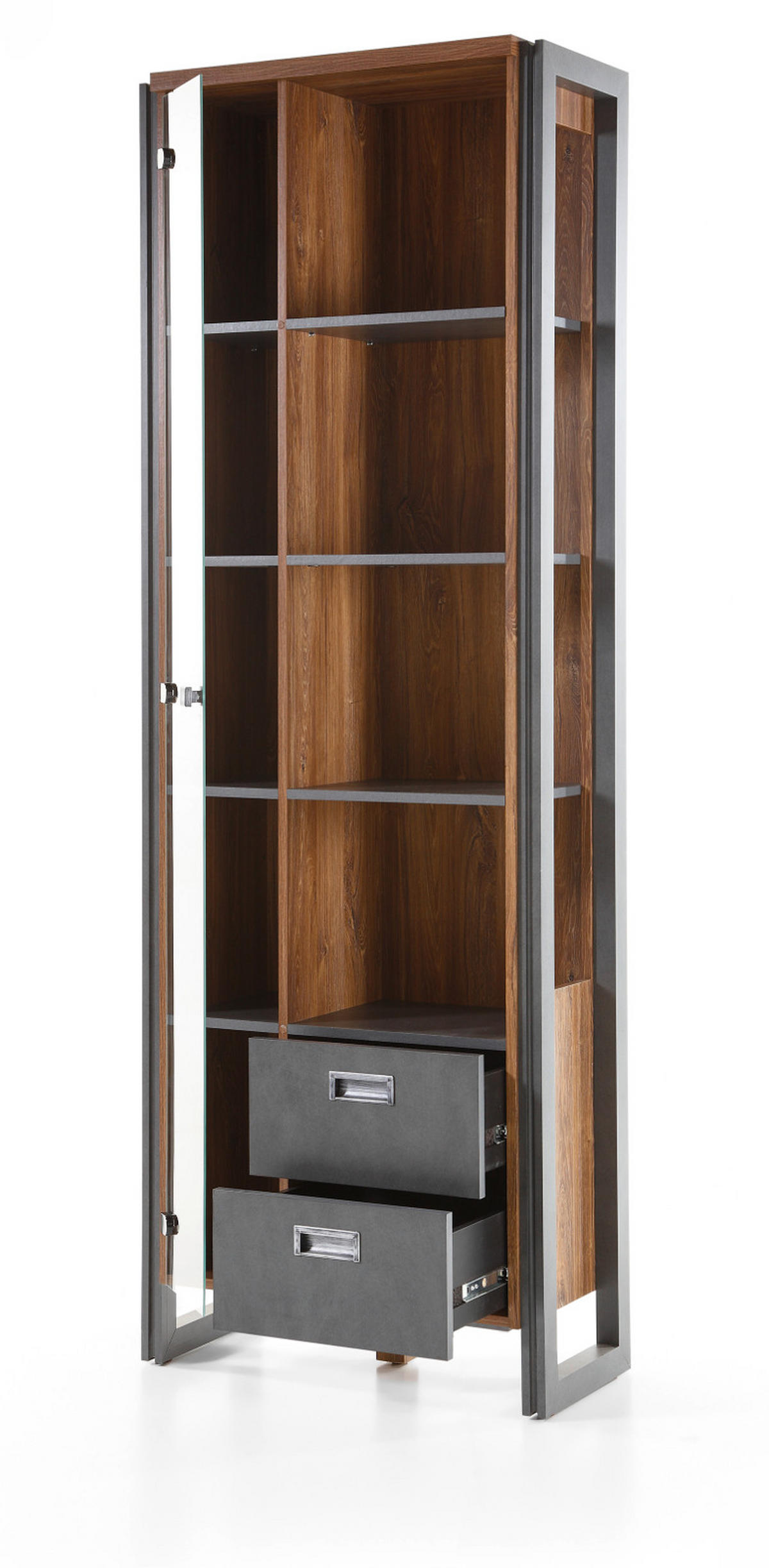 VITRINE Eiche Stirling, Matera grau, Regalschrank 70 x 202 cm Bücherregal - Eichefarben/Grau, Holzwerkstoff/Metall (70/202/33cm) - Furn.Design