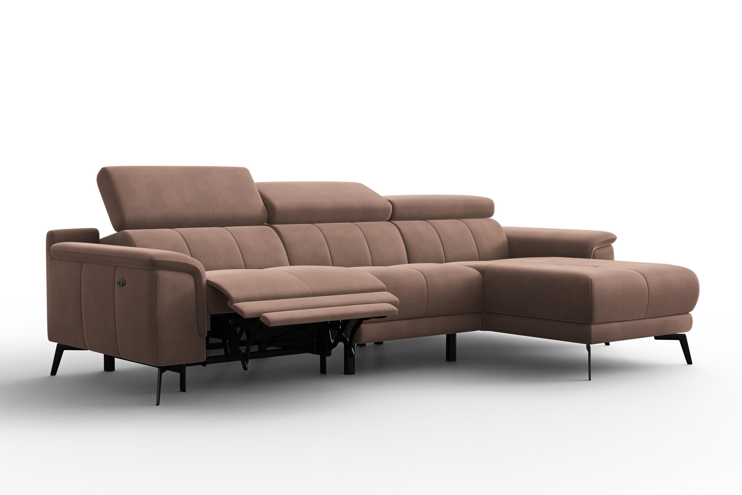 ECKSOFA FIERO 4-Sitzer RECHTS, Brauner Veloursstoff - Schwarz/Braun, Holz/Textil (288/170cm) - Courtois Laville
