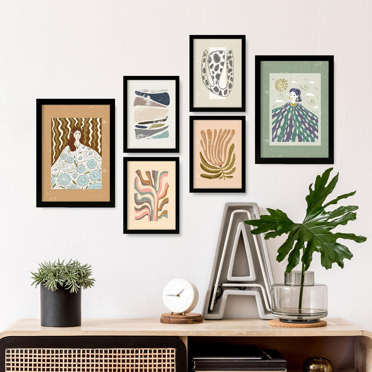 POSTER Set Mit 6 Drucken Von Mutter Natur In Ethnischer Dekorative Rahmen Für Ihr Wohnzimmer Zuhause Wandkunstdruck A3 & A4 Schwarzer Rahmen - Schwarz, Papier (29/3cm) - Nacnic