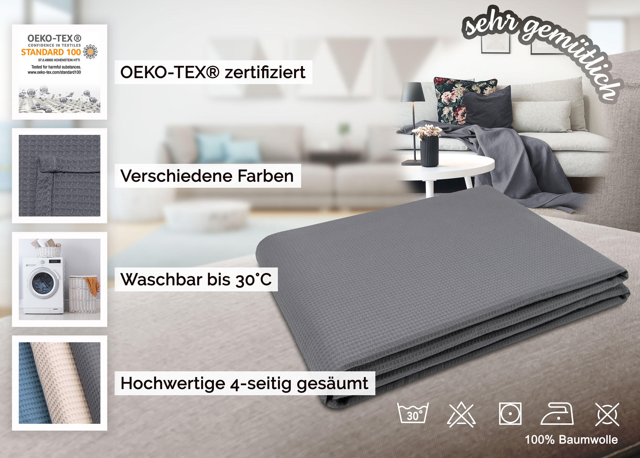 KUSCHELDECKE, 150x200 cm, 100% Baumwolle, Grau - Anthrazit, Textil (150/200cm) - Zollner