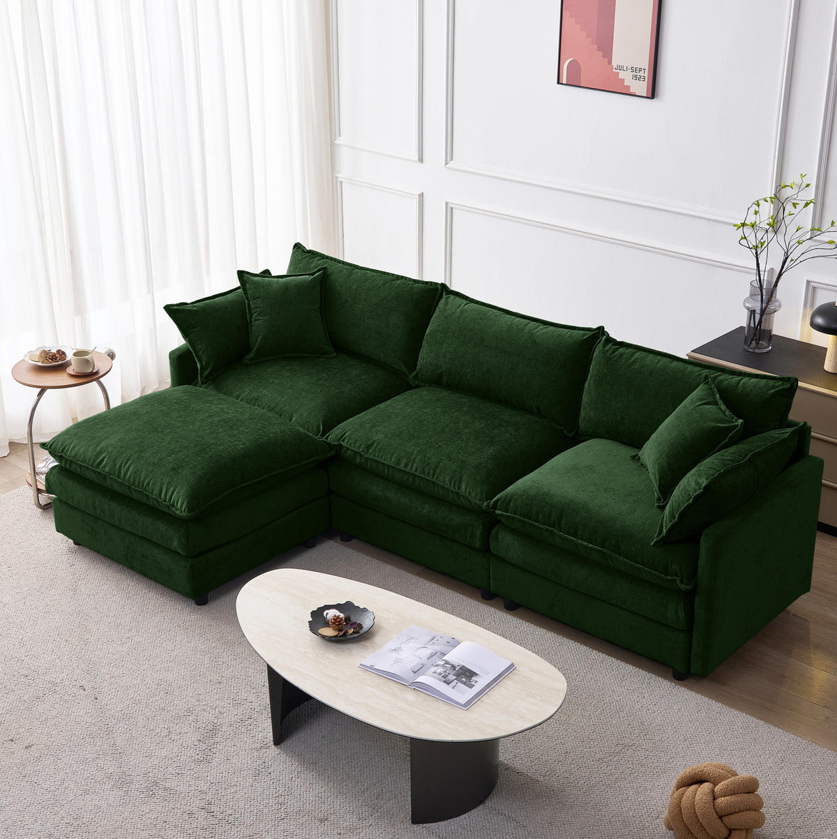 ECKSOFA 267/154/85 cm grün aus Chenille mit Hocker und modularem Design - Grün, Textil (154/267cm) - OKWISH