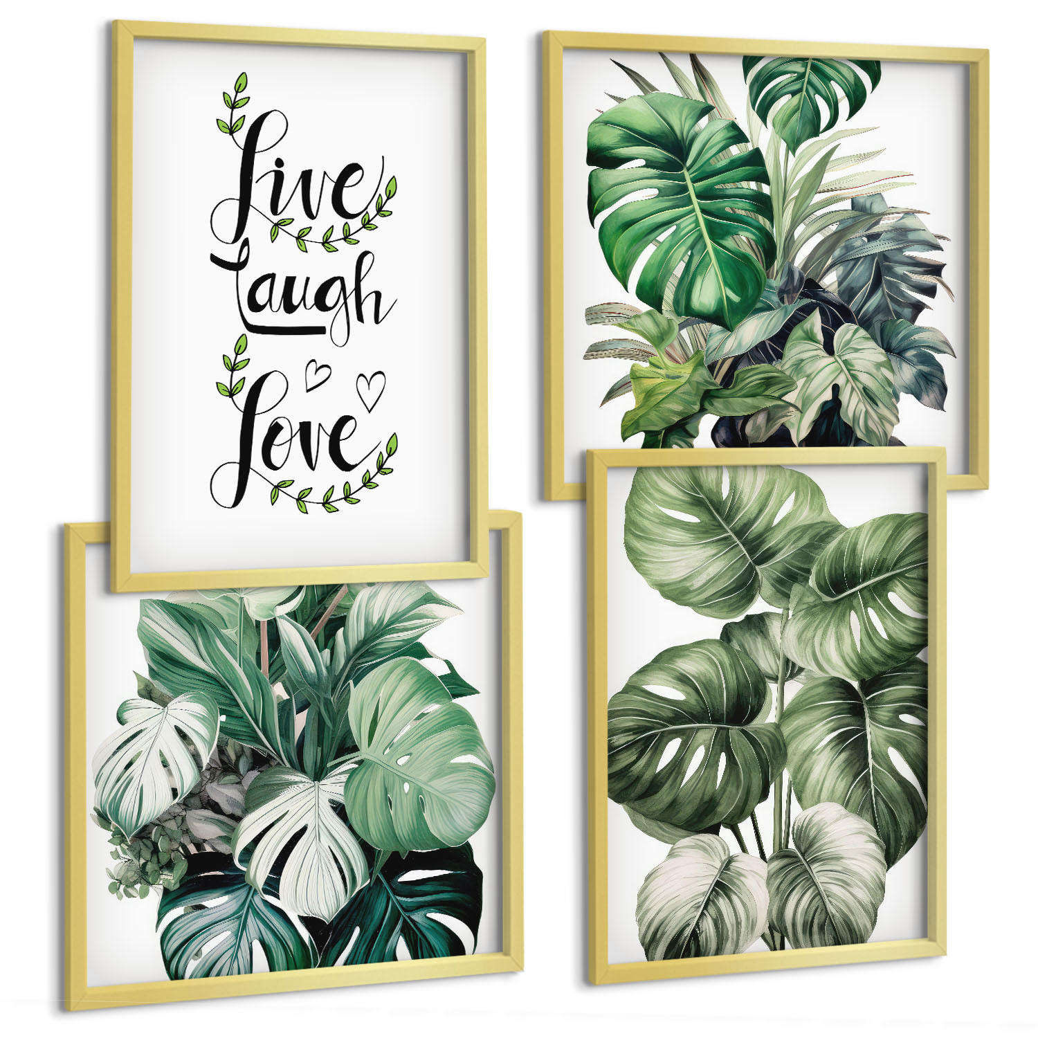 BILDER SET 4er Set - 50x50 cm & 40x60 cm Goldrahmen - Blattpflanzen leben, lachen, lieben - Goldfarben, Kunststoff (50/50cm) - TULUP