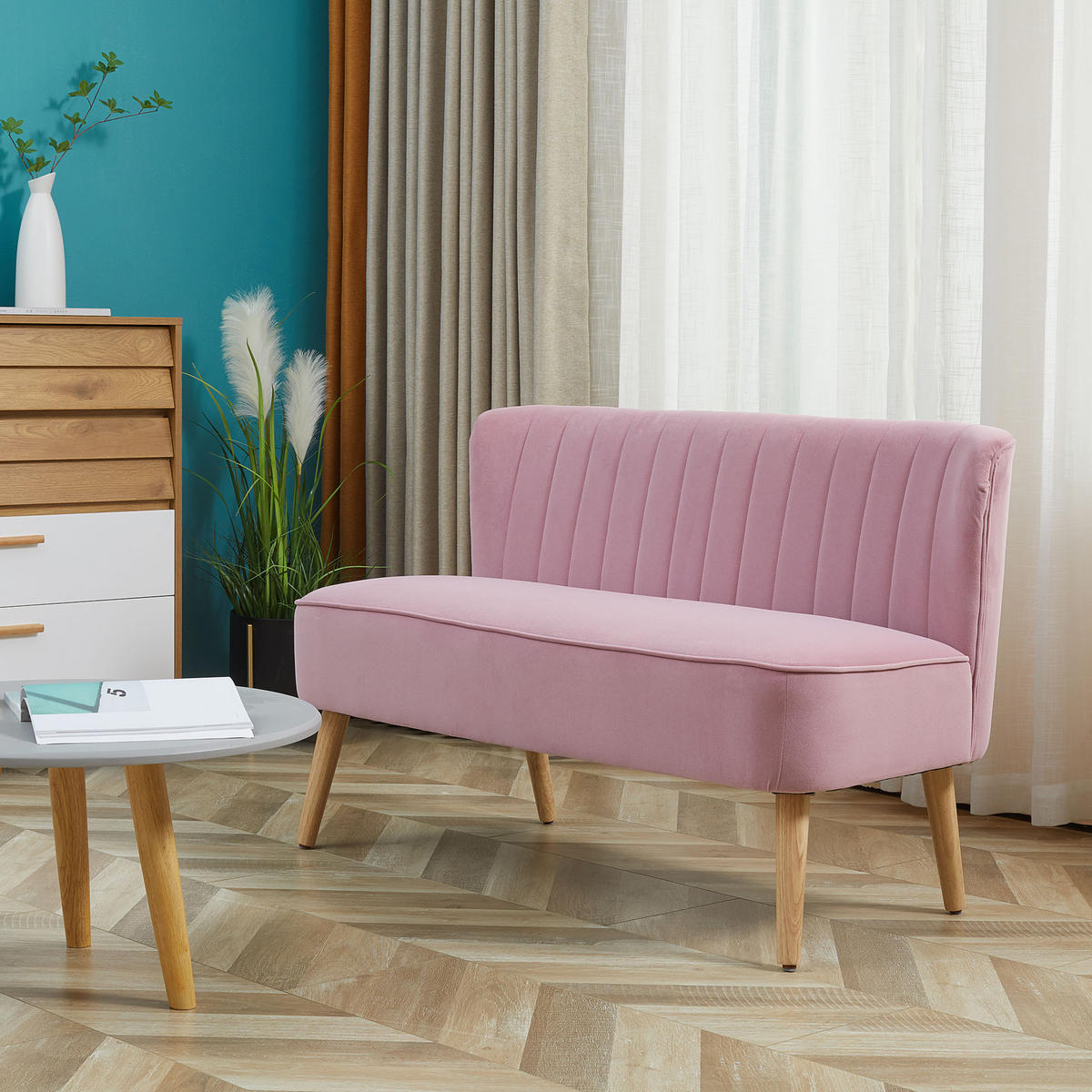 SOFA 2-Sitzer Couch Stoffsofa Sitzmöbel Polstersofa Loungesofa breit Rosa - Rosa/Naturfarben, Holz/Textil (56.5/77/117cm) - HOMCOM