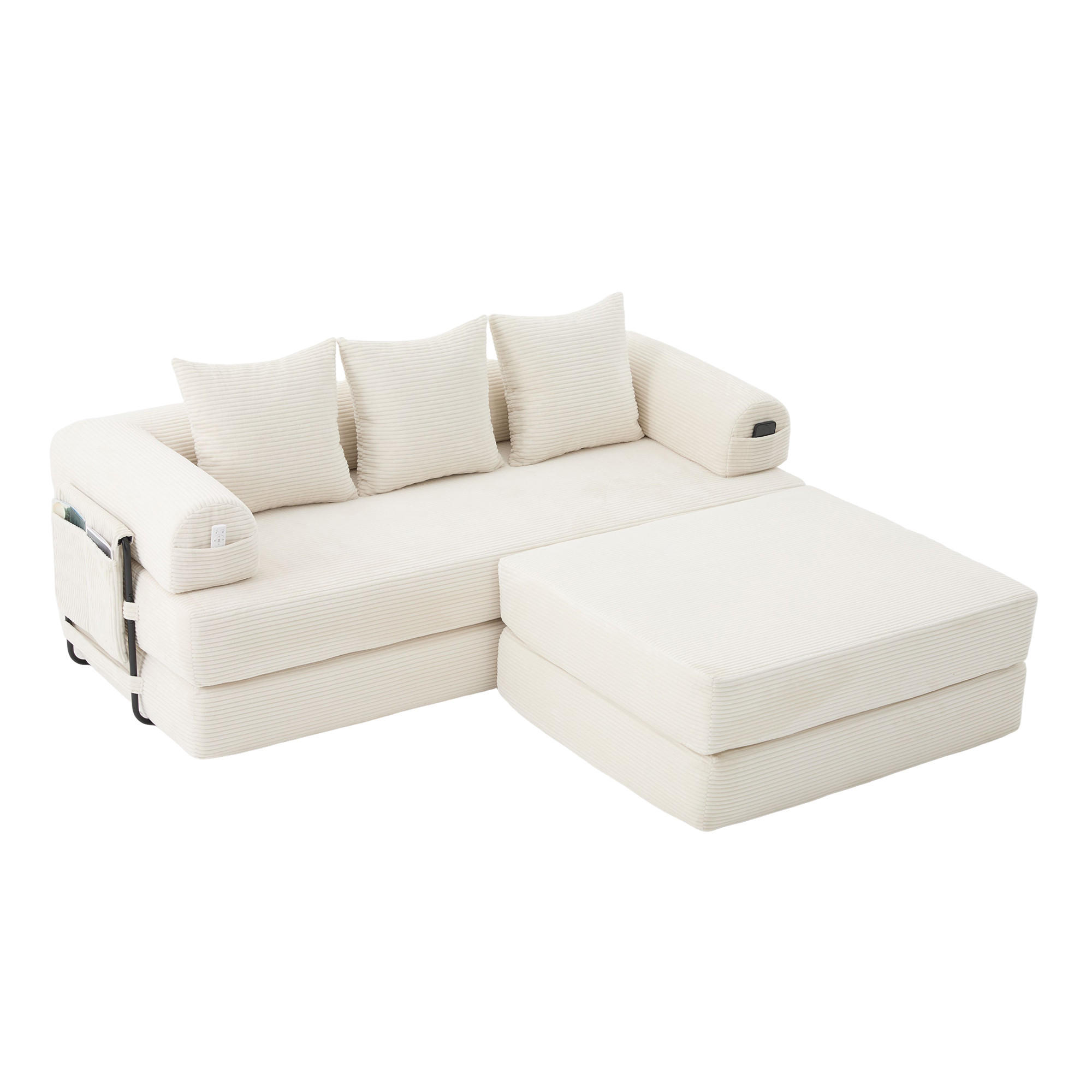 ECKSOFA Cord Beige mit Hocker und Kissen - Beige, Textil/Metall (218/285cm) - WISHDOR