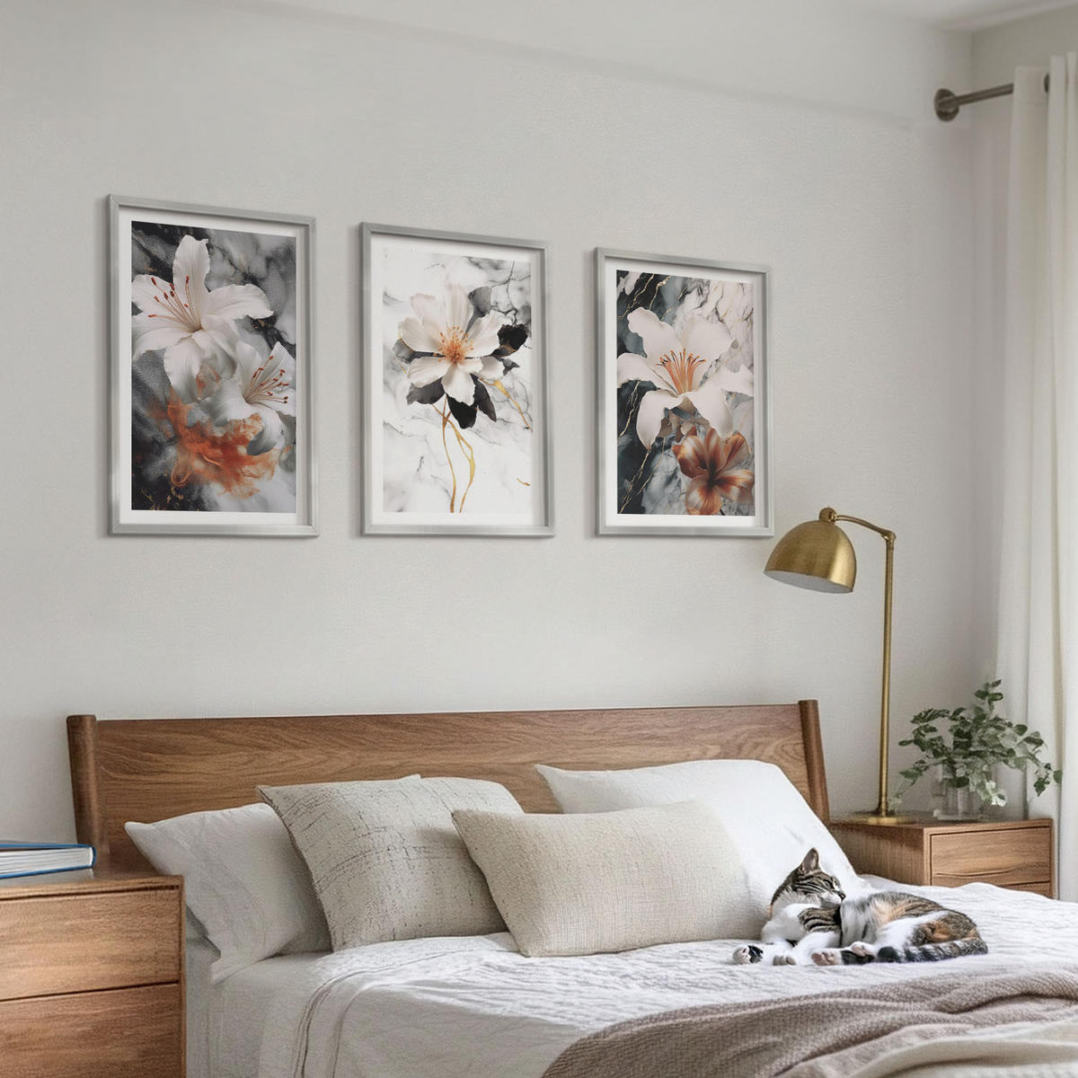 WANDBILDER 3er Set - 40x60 cm Silberner Rahmen - Blumen Marmor weiß schwarz - Silberfarben, Kunststoff (40/60cm) - ArtPrintCave