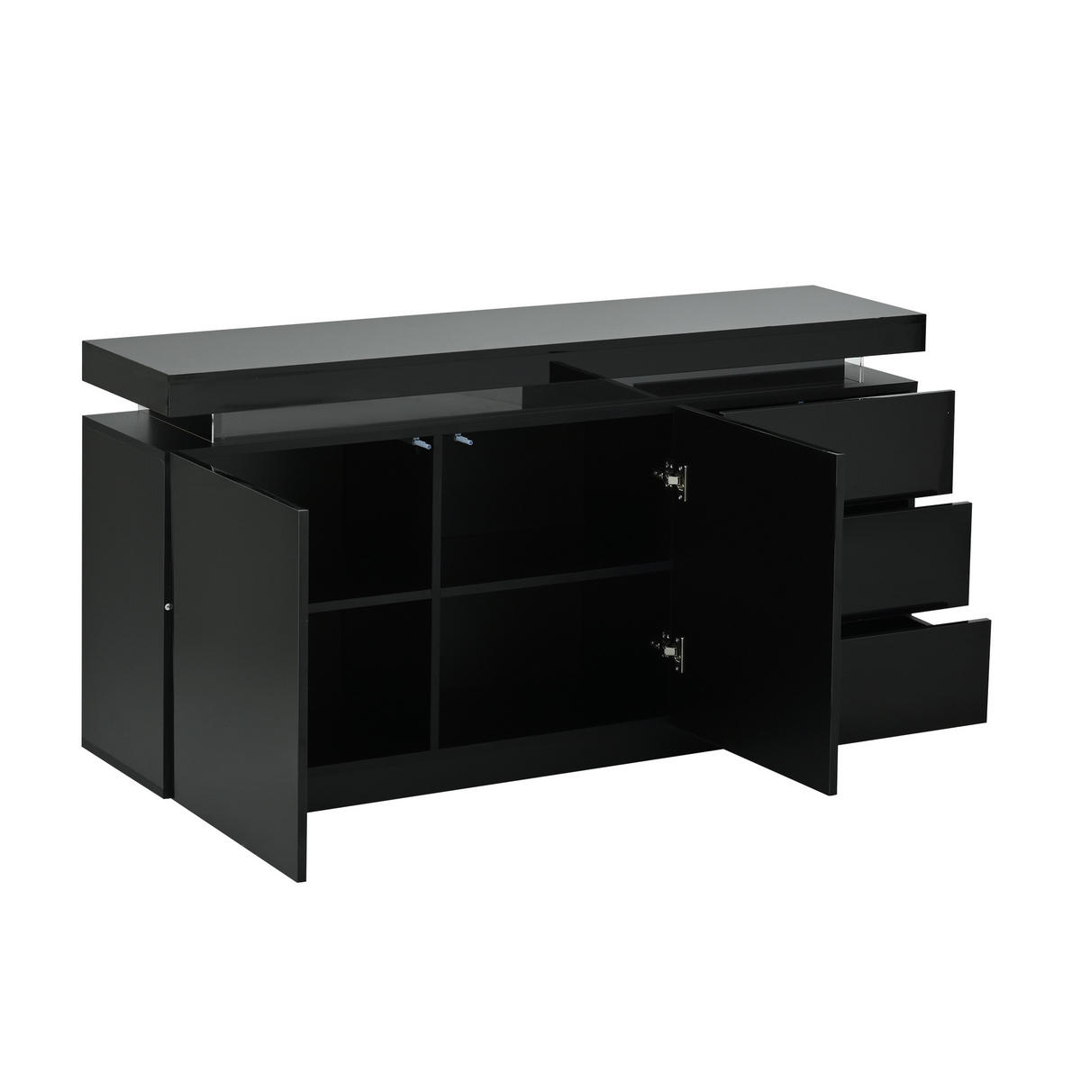 SIDEBOARD LED Hochglanz 2 Türen 3 Schubladen Schwarz 140cm modern - Schwarz, Holzwerkstoff (38/72/140cm) - FLIEKS