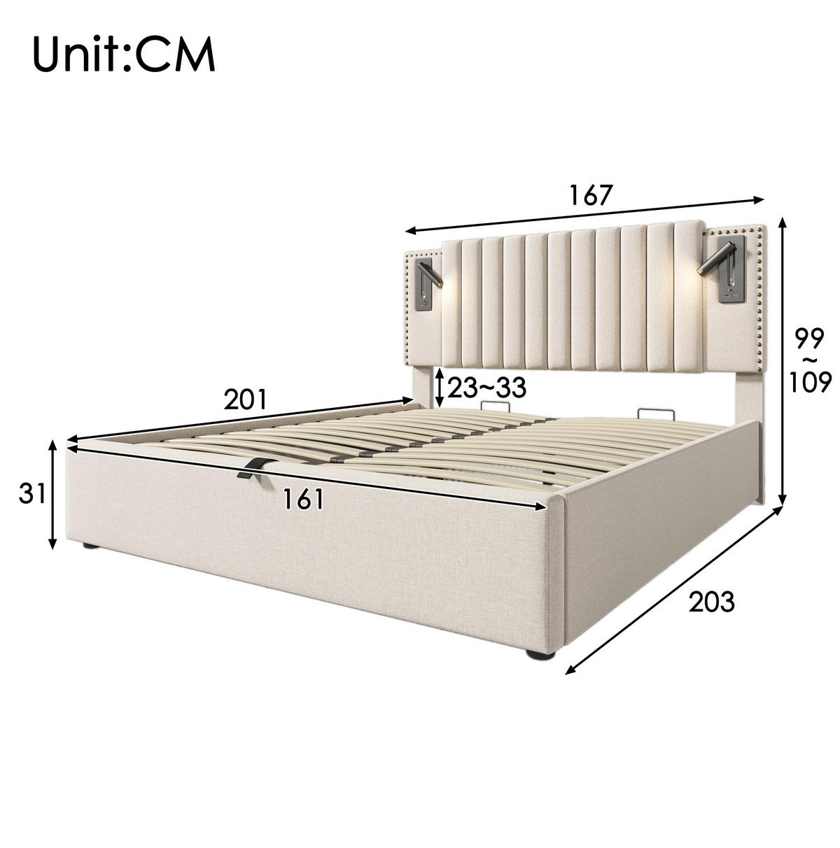 TAPECIRANI krevet od pamuka 160x200 cm bež s podesivim uzglavljem, LED svjetlom, USB/USB-C priključcima i spremištem - bež, tekstil (160/200cm) - Modfu