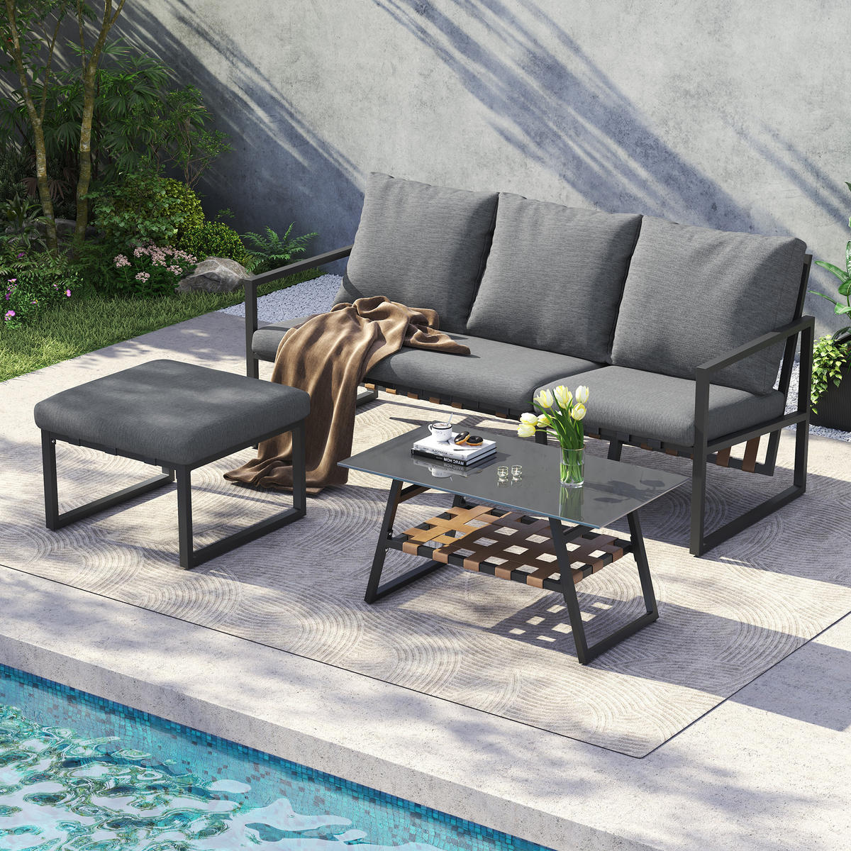 GARTENMÖBEL-SET 183/74/79 cm grau aus Polyester und verzinktem Stahl mit Couchtisch und Fußhocker - Grau, Textil - OKWISH