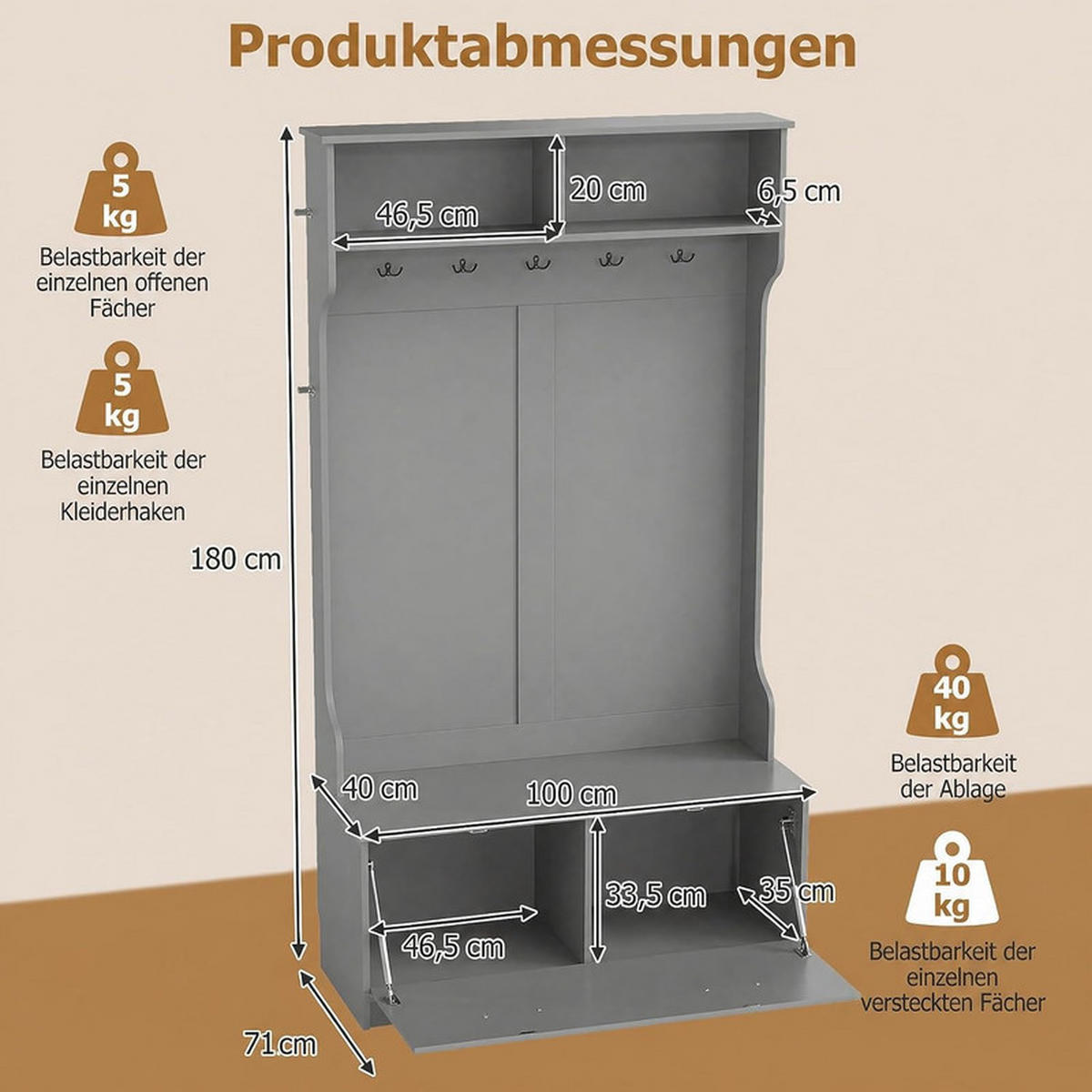GARDEROBENSTÄNDER mit Schuhschrank grau - Grau, Holzwerkstoff (100/180/71cm) - COSTWAY