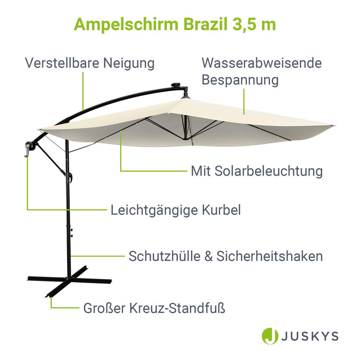 AMPELSCHIRM Brazil dunkelgrau/creme 3,5m mit LED, Kurbel und Standfuß - Creme, Metall (330/330cm) - Juskys
