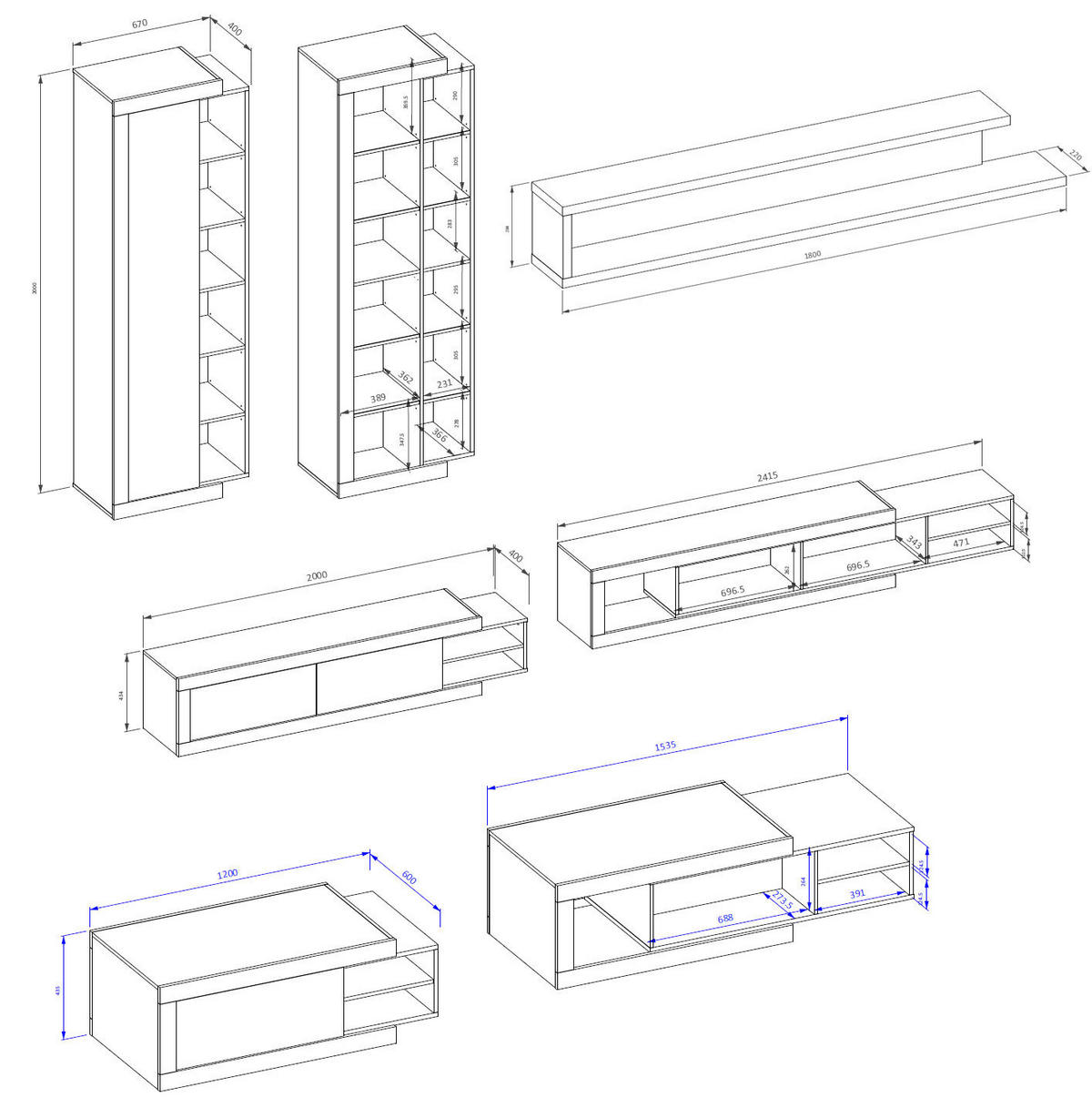 WOHNZIMMER-SET 4-teilig Saragossa weiß Hochglanz / Samdal Eiche - Weiß Hochglanz/Braun, Holz/Holzwerkstoff (227/200/60cm) - Feldmann-Wohnen