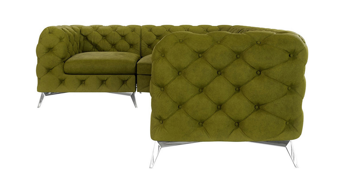 ECKSOFA Chesterfield Laura Olive Samt, Ottomane Links - Silberfarben/Olivgrün, Holz/Textil (264/204cm) - S-Style Möbel