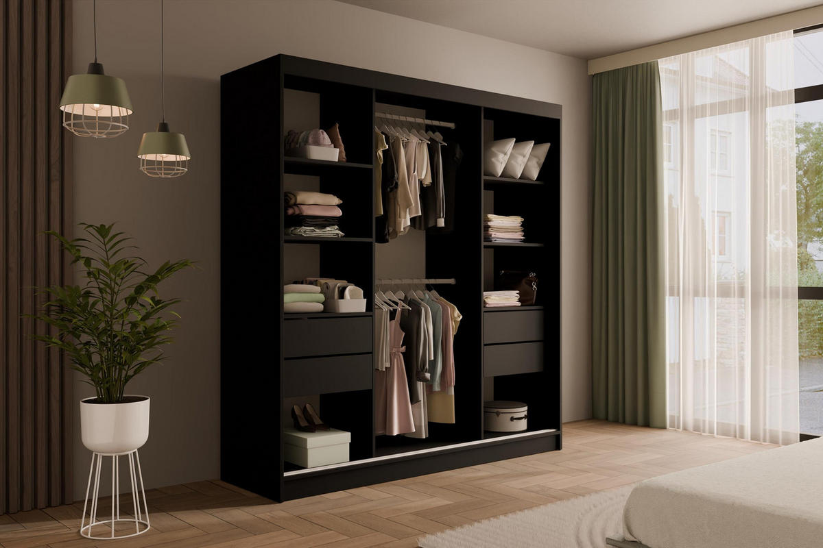 KLEIDERSCHRANK mit Spiegel V2-VITA 215x200 cm - Schwarz|Grau - Schwarz/Grau, Holzwerkstoff (200/215/61cm) - ALTDECOR