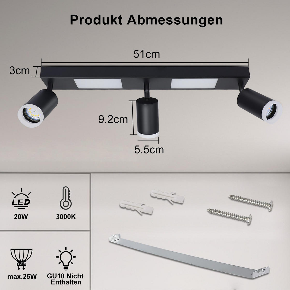 STRAHLER Bocholt 3-flammig 51/8/16.9 cm - Schwarz, Metall (51/8/16.9cm) - Nettlife